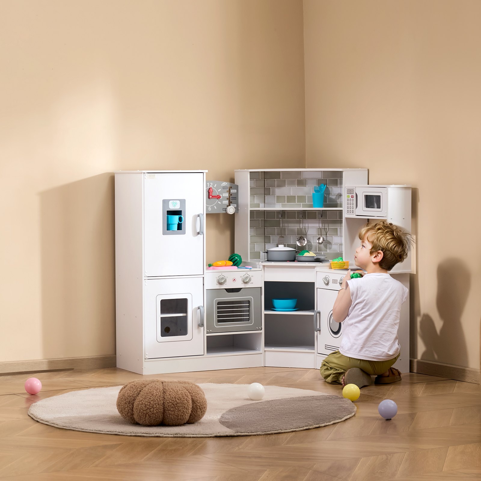 VEVOR Cocina de madera de esquina, juego de juguetes con luces y sonidos, cocina para niños pequeños con máquina de hielo, horno, fregadero, reloj, microondas, refrigerador y accesorios, para niños pequeños y preescolares, color blanco