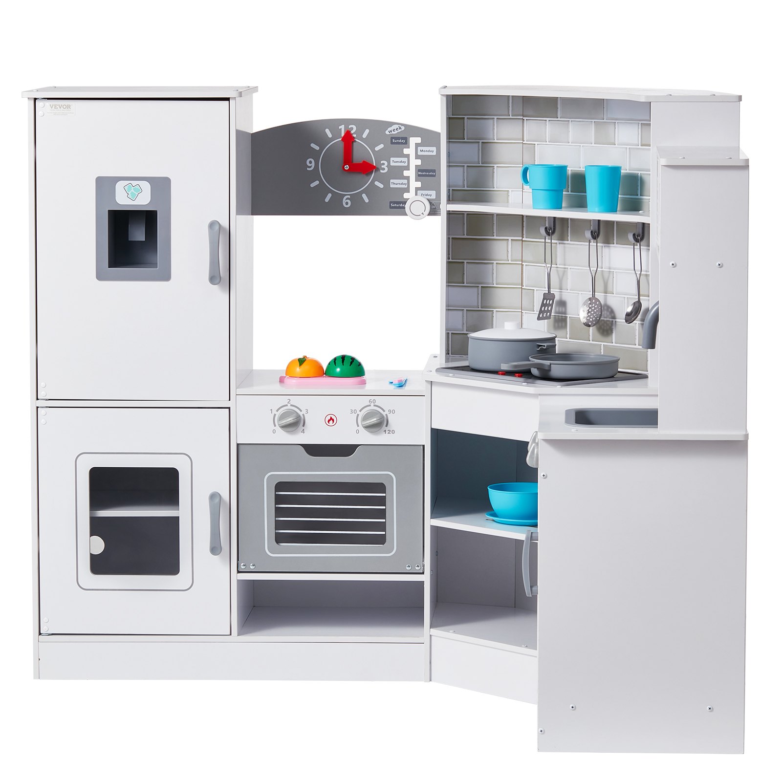 VEVOR Cocina de madera de esquina, juego de juguetes con luces y sonidos, cocina para niños pequeños con máquina de hielo, horno, fregadero, reloj, microondas, refrigerador y accesorios, para niños pequeños y preescolares, color blanco