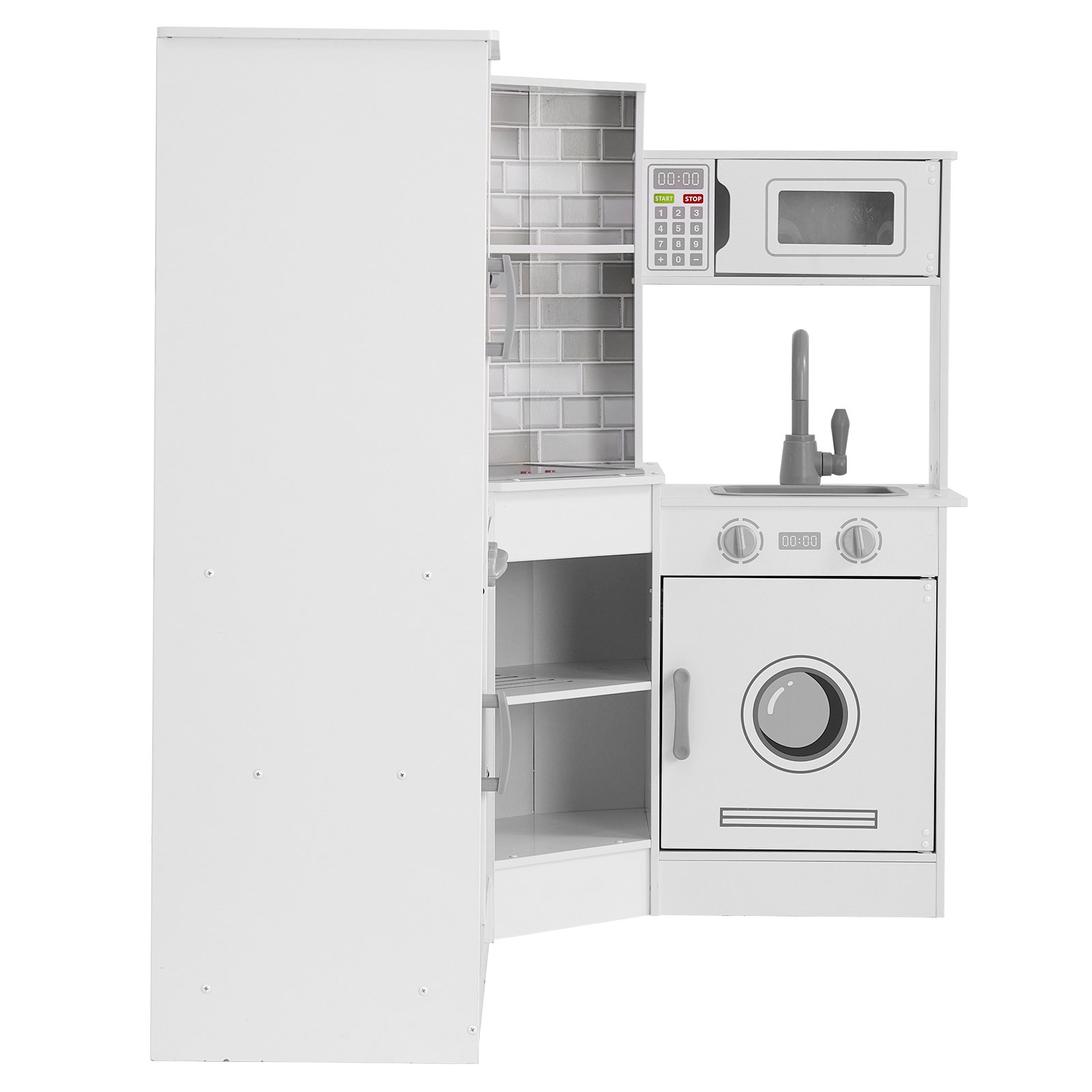 VEVOR Cocina de madera de esquina, juego de juguetes con luces y sonidos, cocina para niños pequeños con máquina de hielo, horno, fregadero, reloj, microondas, refrigerador y accesorios, para niños pequeños y preescolares, color blanco