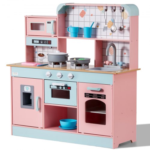 Cocina de juguete para niños VEVOR, juego de cocina de madera con luces y sonidos, cocina para niños pequeños con máquina de hielo, horno, fregadero, microondas, refrigerador y utensilios y accesorios de fruta para niños pequeños de 3 a 8 años, color rosa