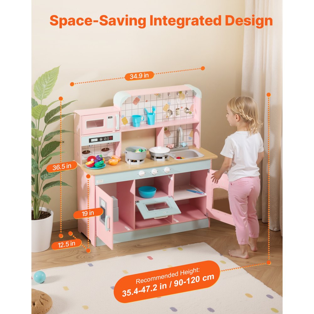 VEVOR Children's Play Kitchen, Wooden Toy Kitchen Set with Lights and Sounds, Toddler Kitchen with Ice Cream Maker, Oven, Sink, Microwave, Refrigerator and Utensils and Fruit Accessories for Toddlers Aged 3-8 Years, Pink