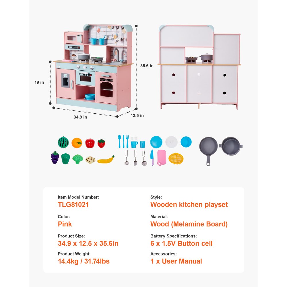 Cocina de juguete para niños VEVOR, juego de cocina de madera con luces y sonidos, cocina para niños pequeños con máquina de hielo, horno, fregadero, microondas, refrigerador y utensilios y accesorios de fruta para niños pequeños de 3 a 8 años, color rosa