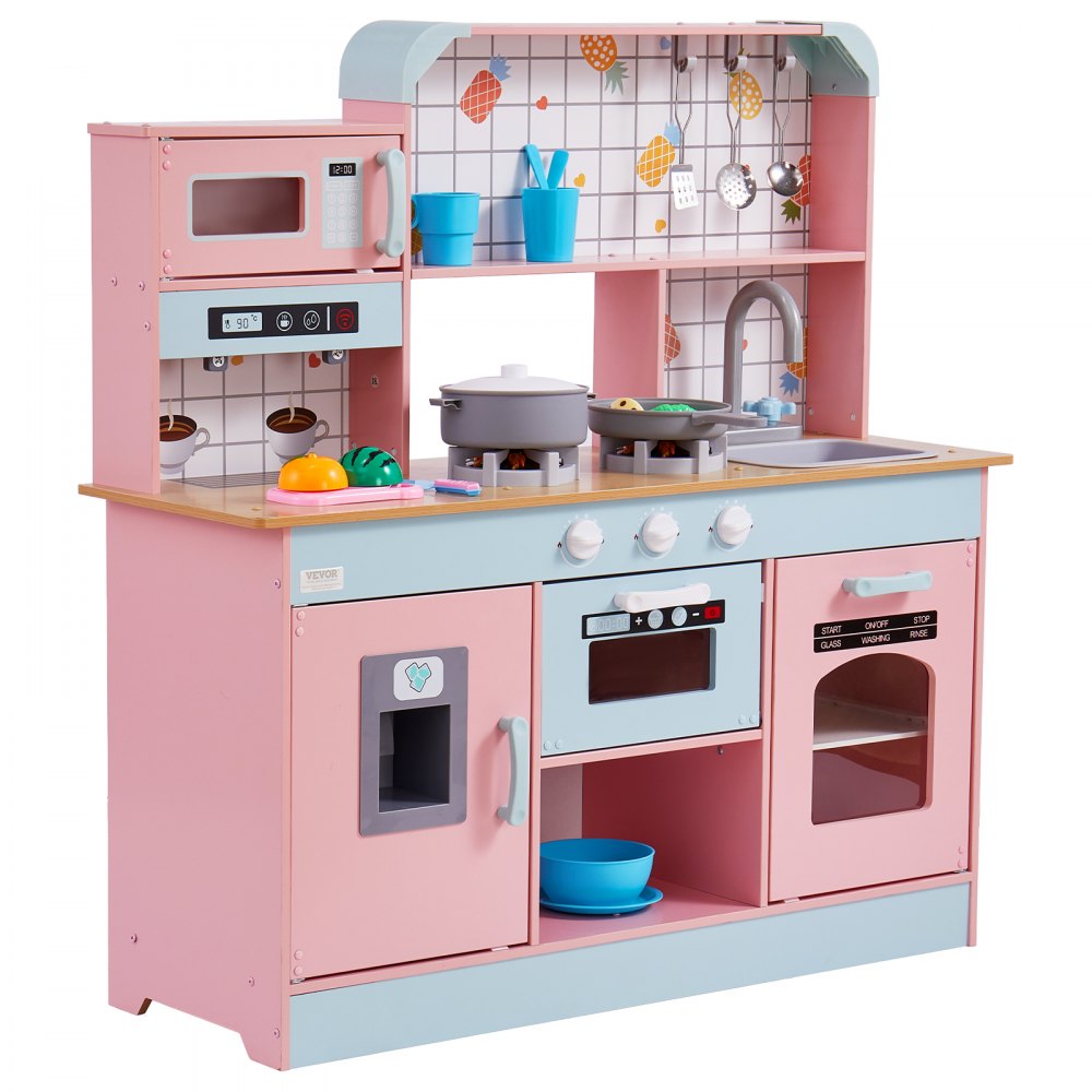 Cocina de juguete para niños VEVOR, juego de cocina de madera con luces y sonidos, cocina para niños pequeños con máquina de hielo, horno, fregadero, microondas, refrigerador y utensilios y accesorios de fruta para niños pequeños de 3 a 8 años, color rosa