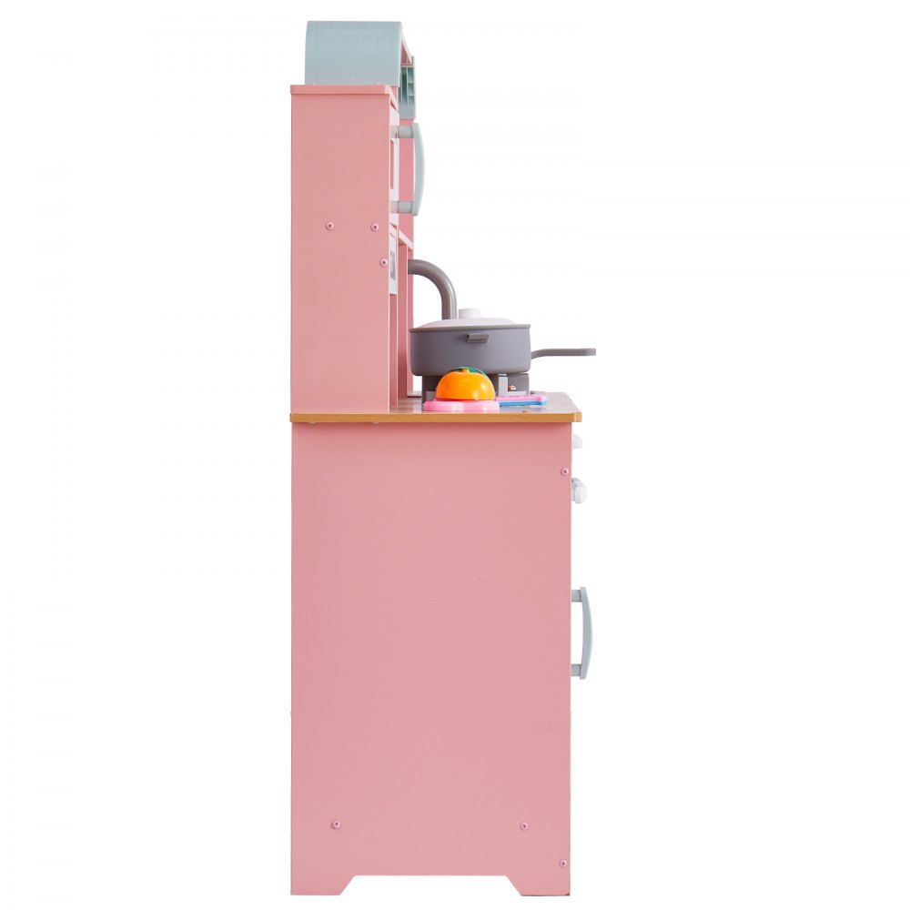 Cocina de juguete para niños VEVOR, juego de cocina de madera con luces y sonidos, cocina para niños pequeños con máquina de hielo, horno, fregadero, microondas, refrigerador y utensilios y accesorios de fruta para niños pequeños de 3 a 8 años, color rosa