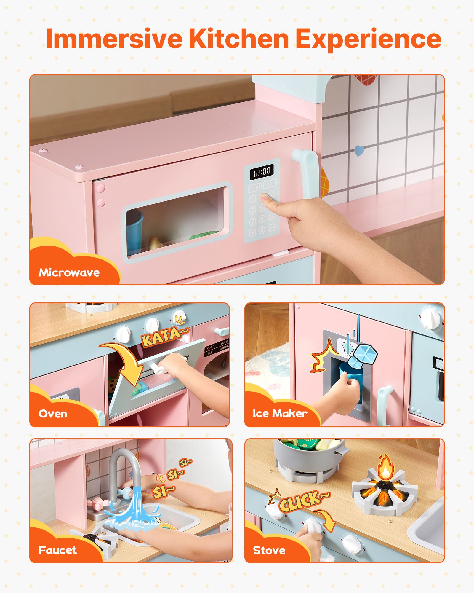 Cocina de juguete para niños VEVOR, juego de cocina de madera con luces y sonidos, cocina para niños pequeños con máquina de hielo, horno, fregadero, microondas, refrigerador y utensilios y accesorios de fruta para niños pequeños de 3 a 8 años, color rosa