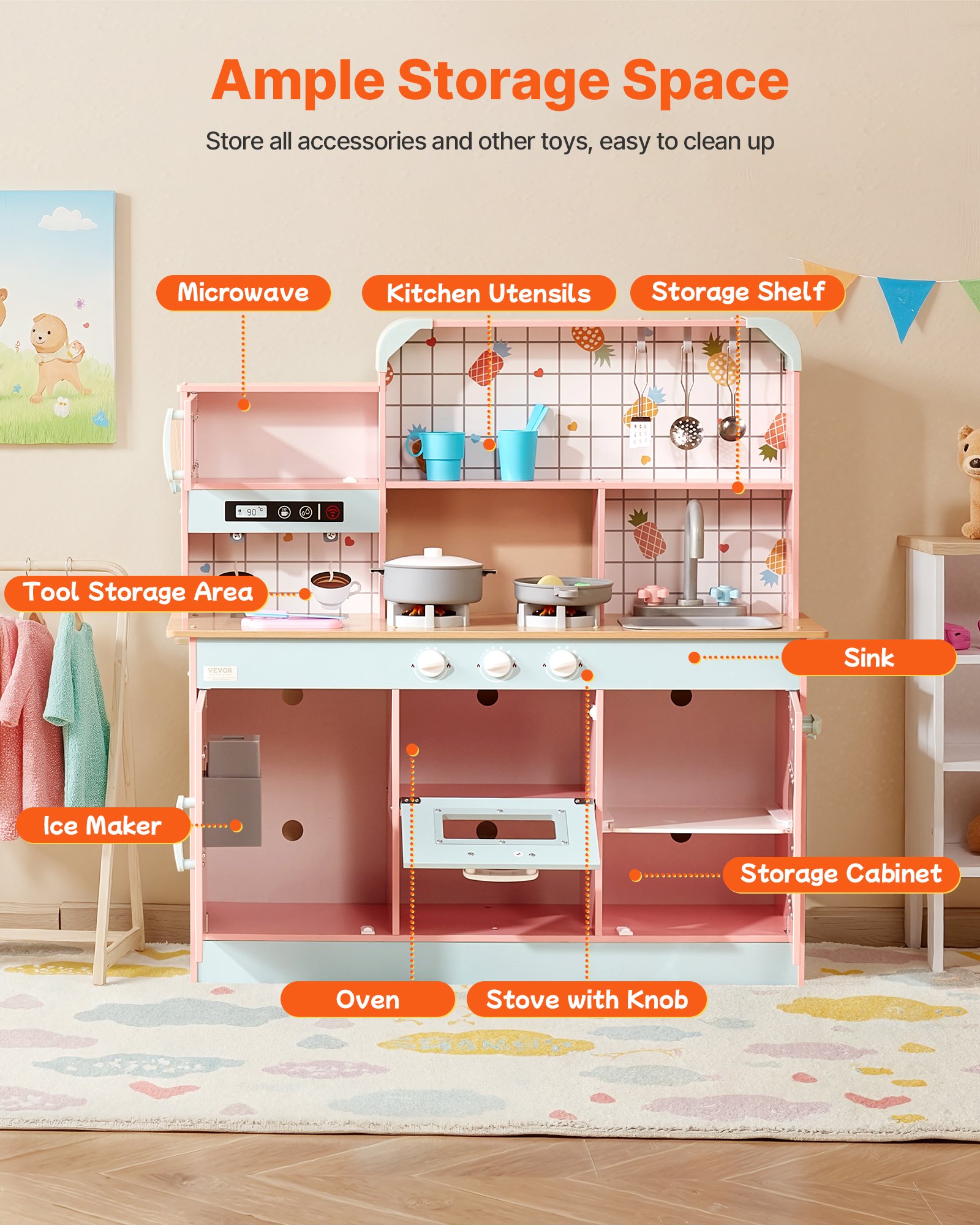 Cocina de juguete para niños VEVOR, juego de cocina de madera con luces y sonidos, cocina para niños pequeños con máquina de hielo, horno, fregadero, microondas, refrigerador y utensilios y accesorios de fruta para niños pequeños de 3 a 8 años, color rosa