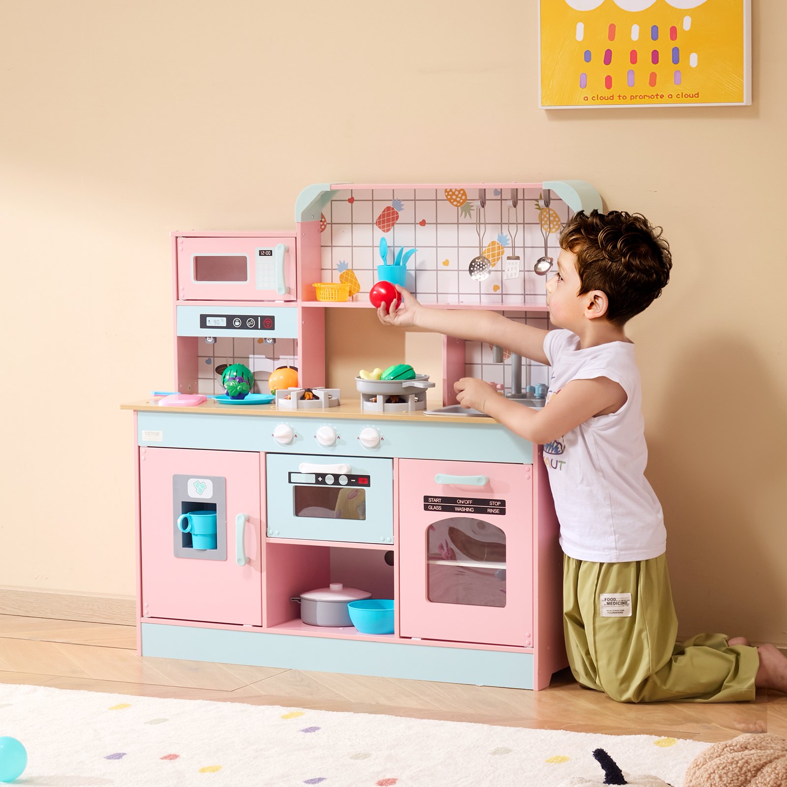 Cocina de juguete para niños VEVOR, juego de cocina de madera con luces y sonidos, cocina para niños pequeños con máquina de hielo, horno, fregadero, microondas, refrigerador y utensilios y accesorios de fruta para niños pequeños de 3 a 8 años, color rosa