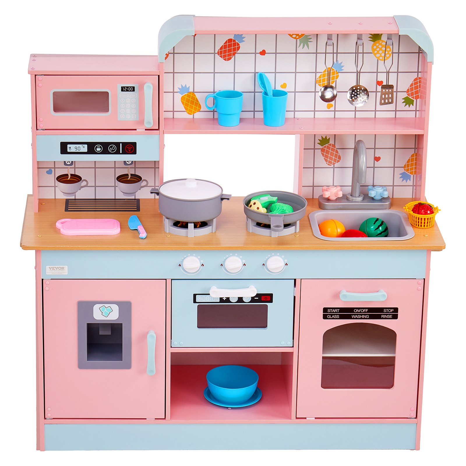 Cocina de juguete para niños VEVOR, juego de cocina de madera con luces y sonidos, cocina para niños pequeños con máquina de hielo, horno, fregadero, microondas, refrigerador y utensilios y accesorios de fruta para niños pequeños de 3 a 8 años, color rosa