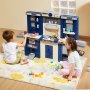 VEVOR Children's Kitchen Playset, 3-in-1 Toddler Kitchen with Simulated Spraying, Sounds and Lights, Play Kitchen Set with 74-Piece Cooking Accessory Set for Toddlers, Preschoolers, Children Aged 3-8 Years, Blue