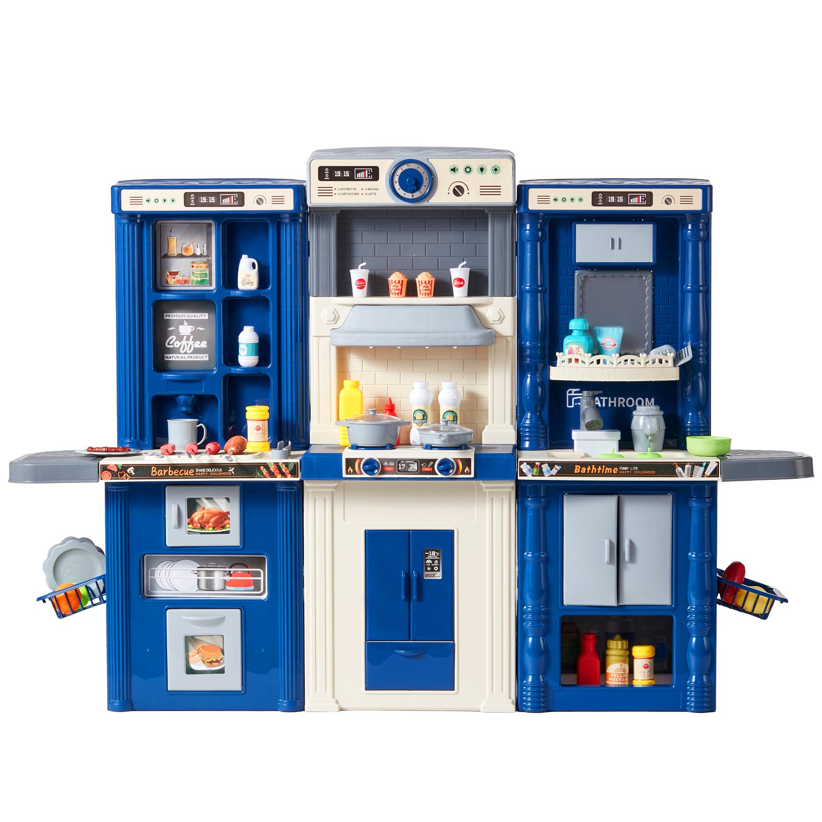 VEVOR Children's Kitchen Playset, 3-in-1 Toddler Kitchen with Simulated Spraying, Sounds and Lights, Play Kitchen Set with 74-Piece Cooking Accessory Set for Toddlers, Preschoolers, Children Aged 3-8 Years, Blue