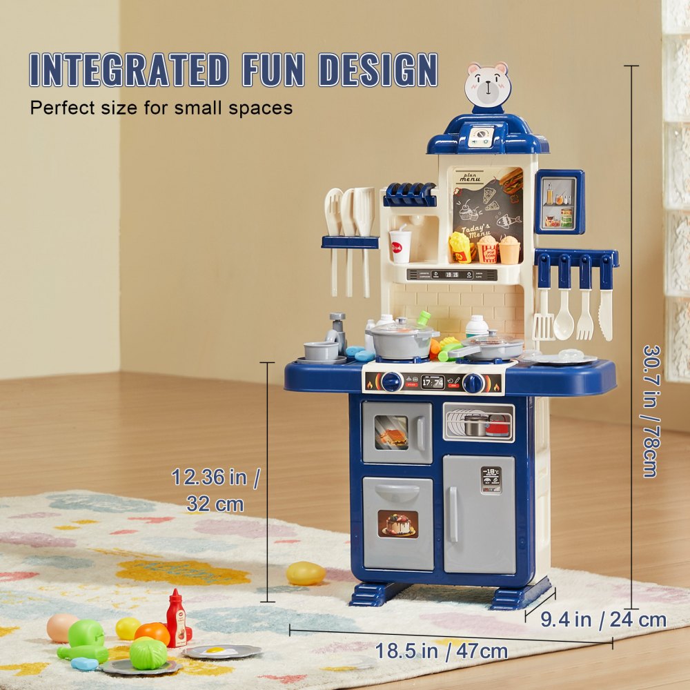 VEVOR Children's Kitchen Playset, Toddler Kitchen with Cooking Stove with Steam, Sounds and Lights, Play Kitchen Set with 48-Piece Cooking Accessory Set for Toddlers, Preschoolers, Children Aged 3-5 Years, Blue