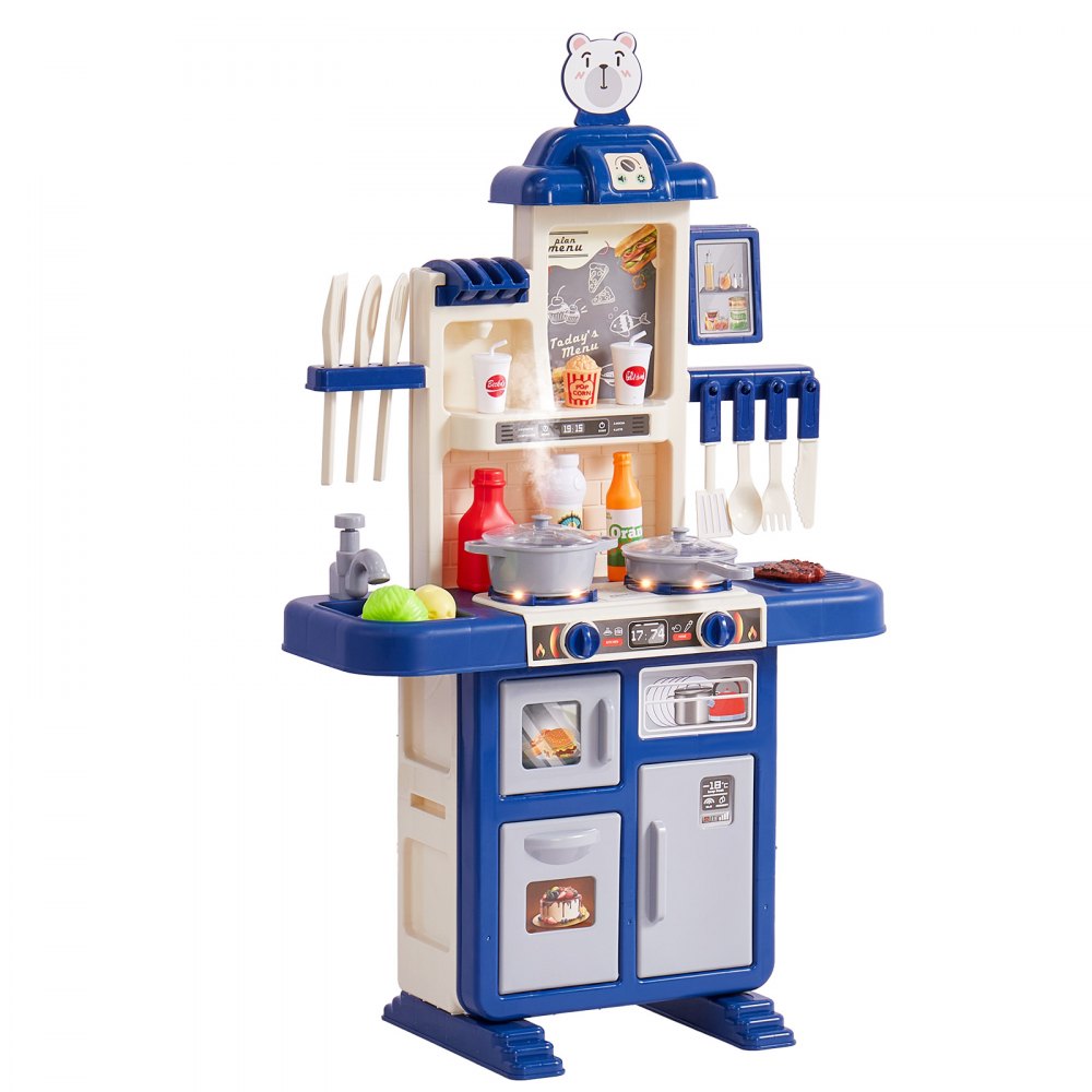 VEVOR Children's Kitchen Playset, Toddler Kitchen with Cooking Stove with Steam, Sounds and Lights, Play Kitchen Set with 48-Piece Cooking Accessory Set for Toddlers, Preschoolers, Children Aged 3-5 Years, Blue