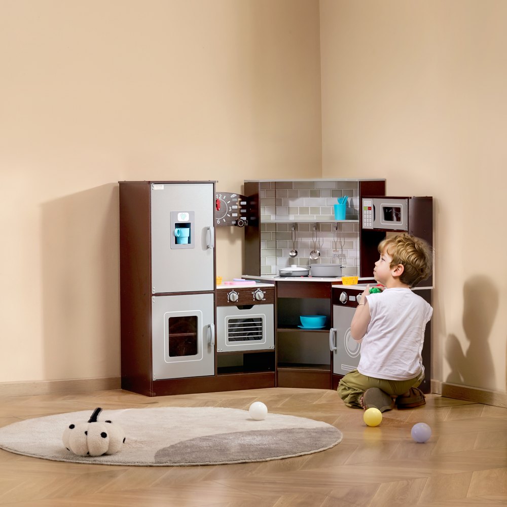 VEVOR Cocina de madera de esquina, juego de juguetes con luces y sonidos, cocina para niños pequeños con máquina de hielo, horno, fregadero, reloj, microondas, refrigerador y accesorios, para niños pequeños y preescolares, color marrón