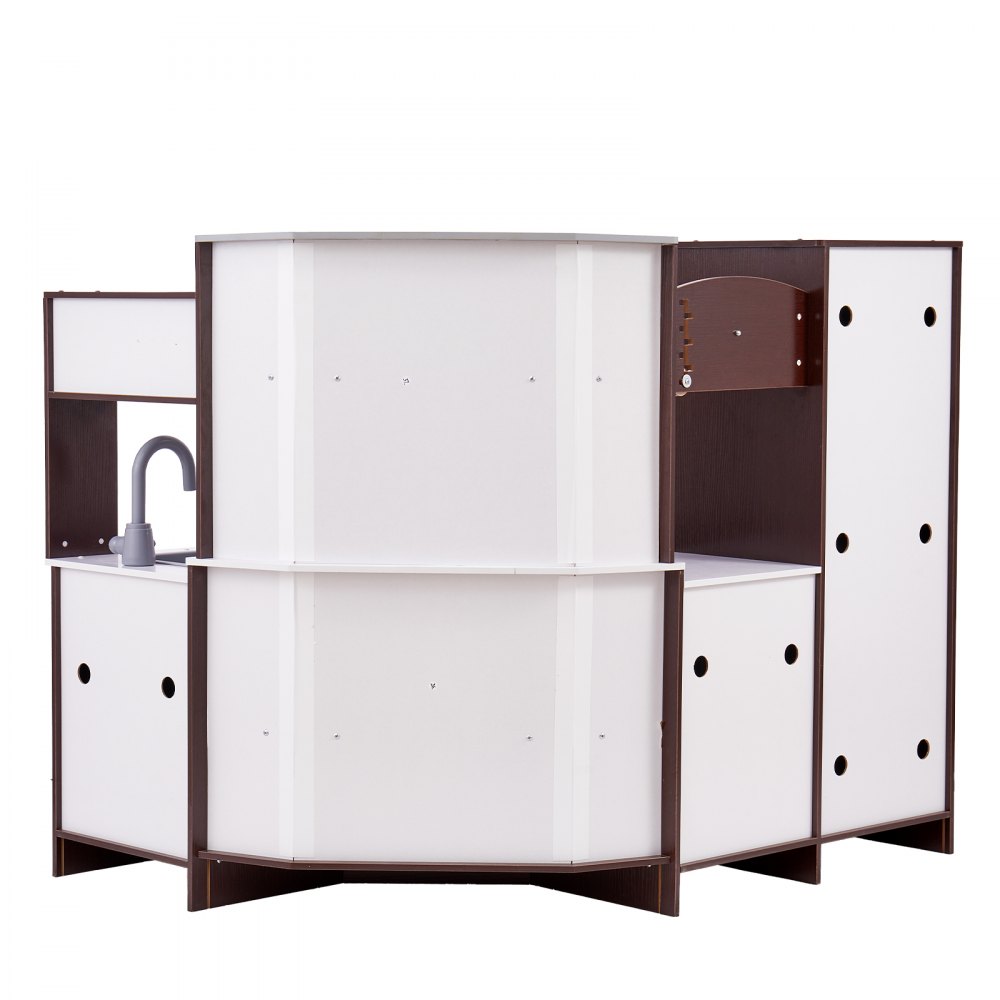 VEVOR Cocina de madera de esquina, juego de juguetes con luces y sonidos, cocina para niños pequeños con máquina de hielo, horno, fregadero, reloj, microondas, refrigerador y accesorios, para niños pequeños y preescolares, color marrón