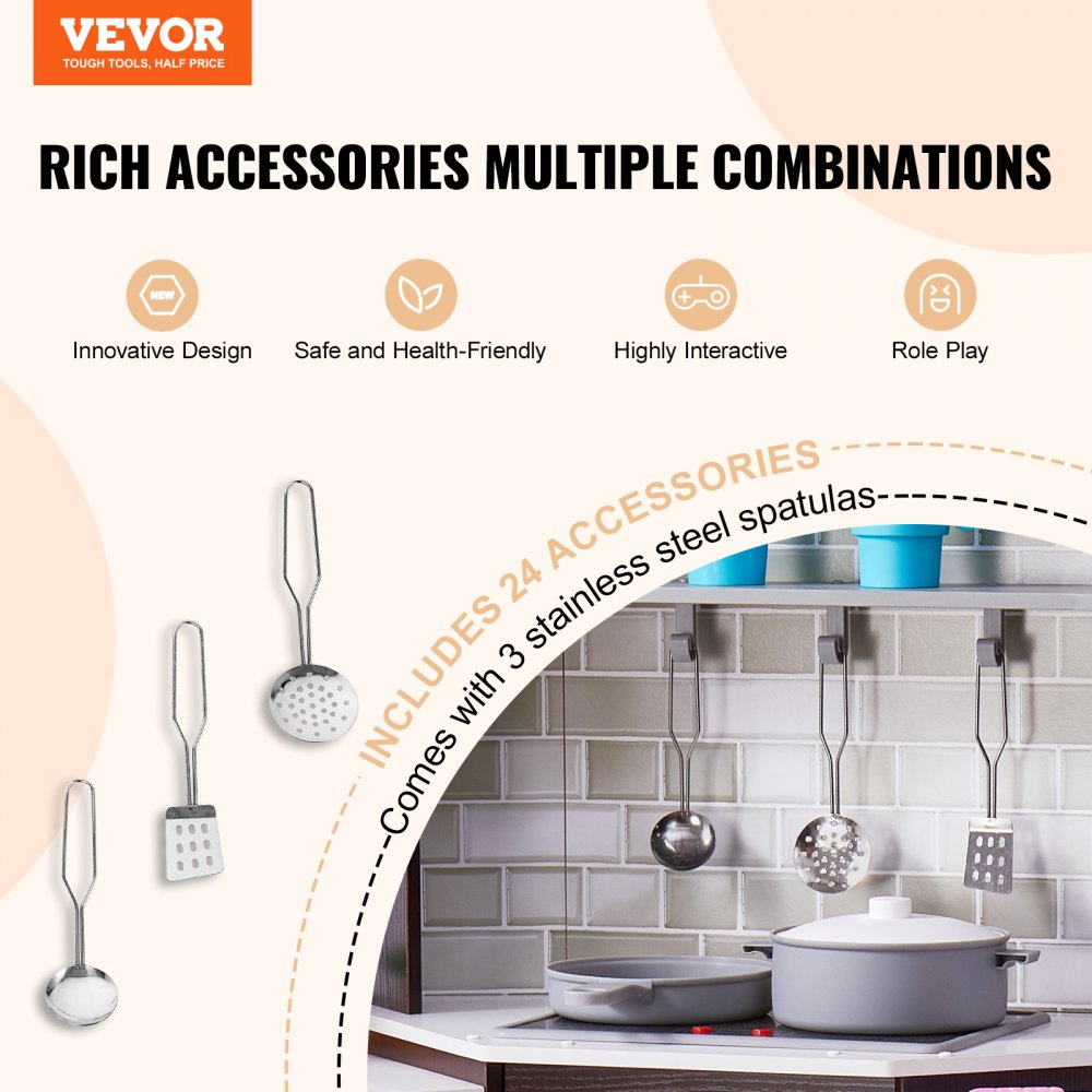 VEVOR Cocina de madera de esquina, juego de juguetes con luces y sonidos, cocina para niños pequeños con máquina de hielo, horno, fregadero, reloj, microondas, refrigerador y accesorios, para niños pequeños y preescolares, color marrón