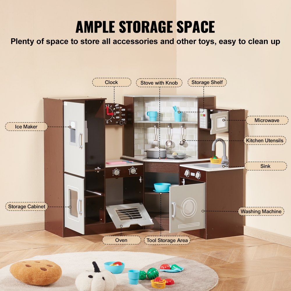 VEVOR Cocina de madera de esquina, juego de juguetes con luces y sonidos, cocina para niños pequeños con máquina de hielo, horno, fregadero, reloj, microondas, refrigerador y accesorios, para niños pequeños y preescolares, color marrón