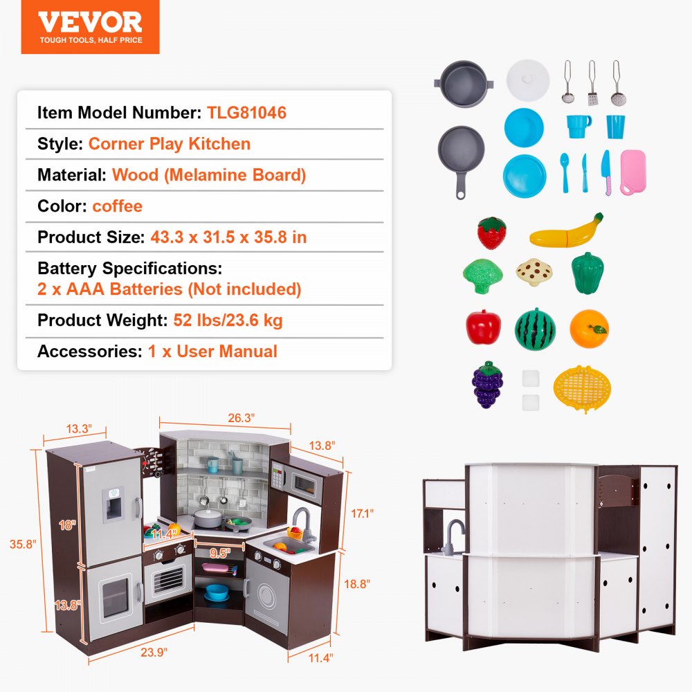 VEVOR Cocina de madera de esquina, juego de juguetes con luces y sonidos, cocina para niños pequeños con máquina de hielo, horno, fregadero, reloj, microondas, refrigerador y accesorios, para niños pequeños y preescolares, color marrón