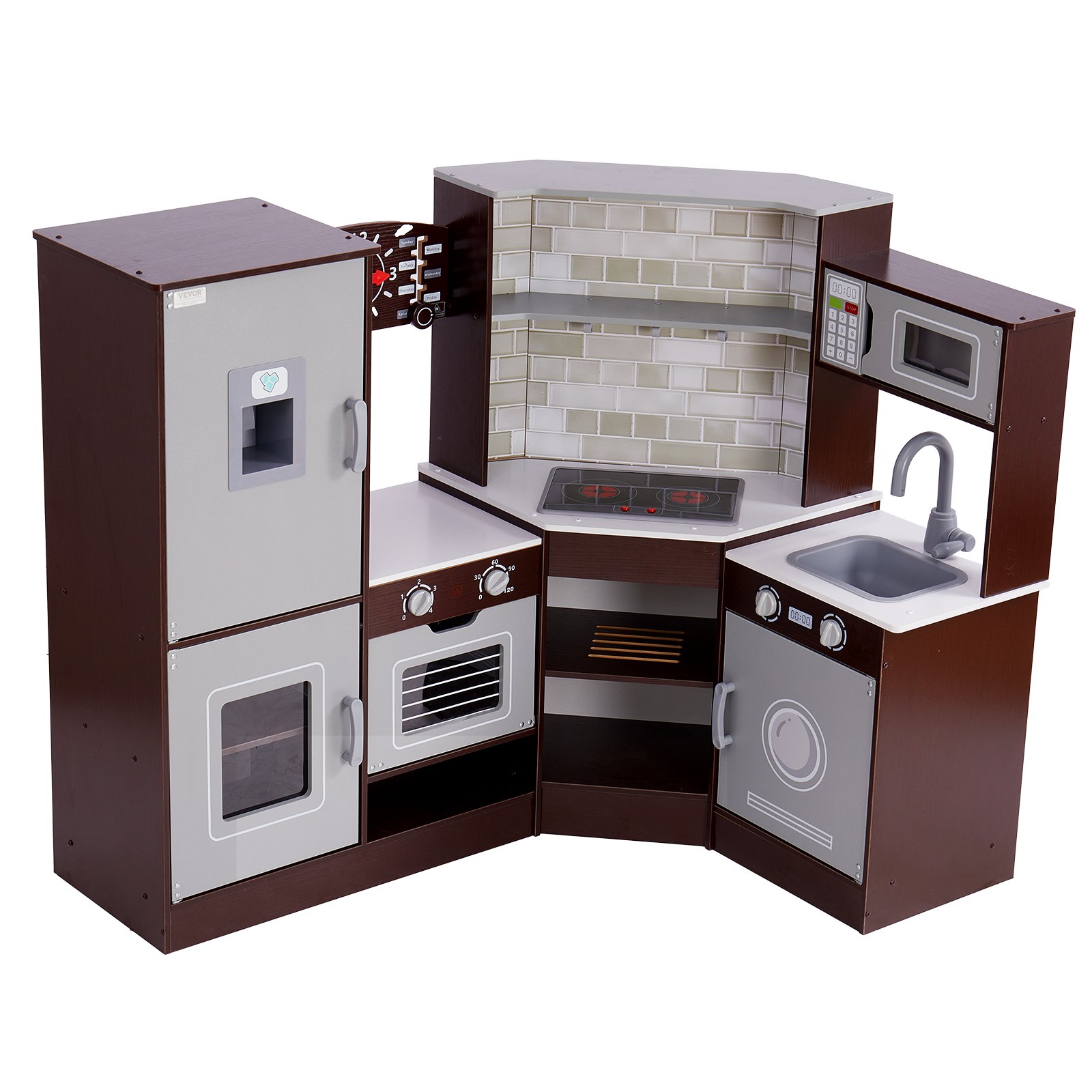 VEVOR Cocina de madera de esquina, juego de juguetes con luces y sonidos, cocina para niños pequeños con máquina de hielo, horno, fregadero, reloj, microondas, refrigerador y accesorios, para niños pequeños y preescolares, color marrón