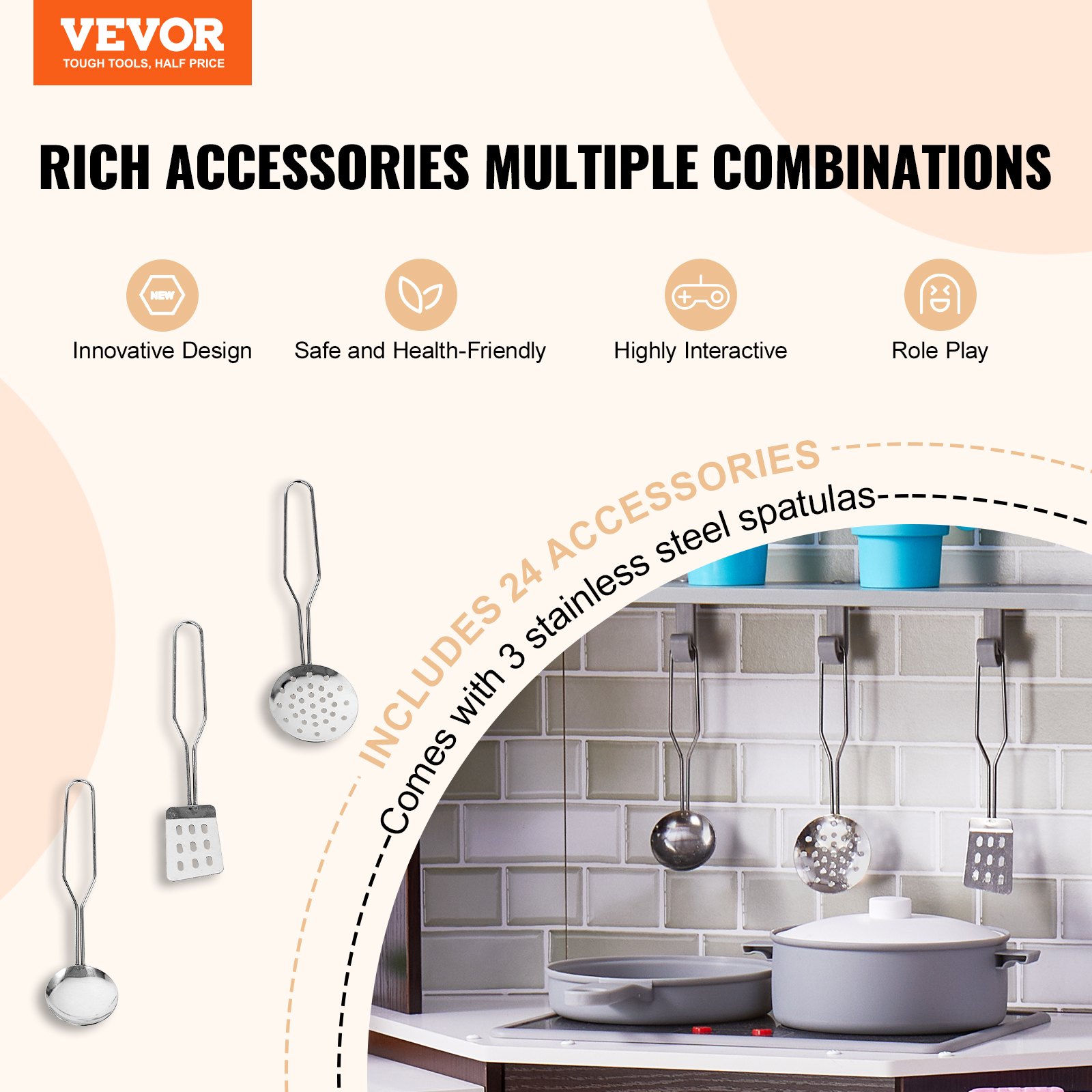 VEVOR Cocina de madera de esquina, juego de juguetes con luces y sonidos, cocina para niños pequeños con máquina de hielo, horno, fregadero, reloj, microondas, refrigerador y accesorios, para niños pequeños y preescolares, color marrón