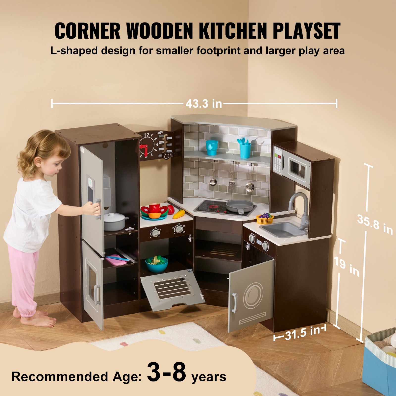 VEVOR Cocina de madera de esquina, juego de juguetes con luces y sonidos, cocina para niños pequeños con máquina de hielo, horno, fregadero, reloj, microondas, refrigerador y accesorios, para niños pequeños y preescolares, color marrón