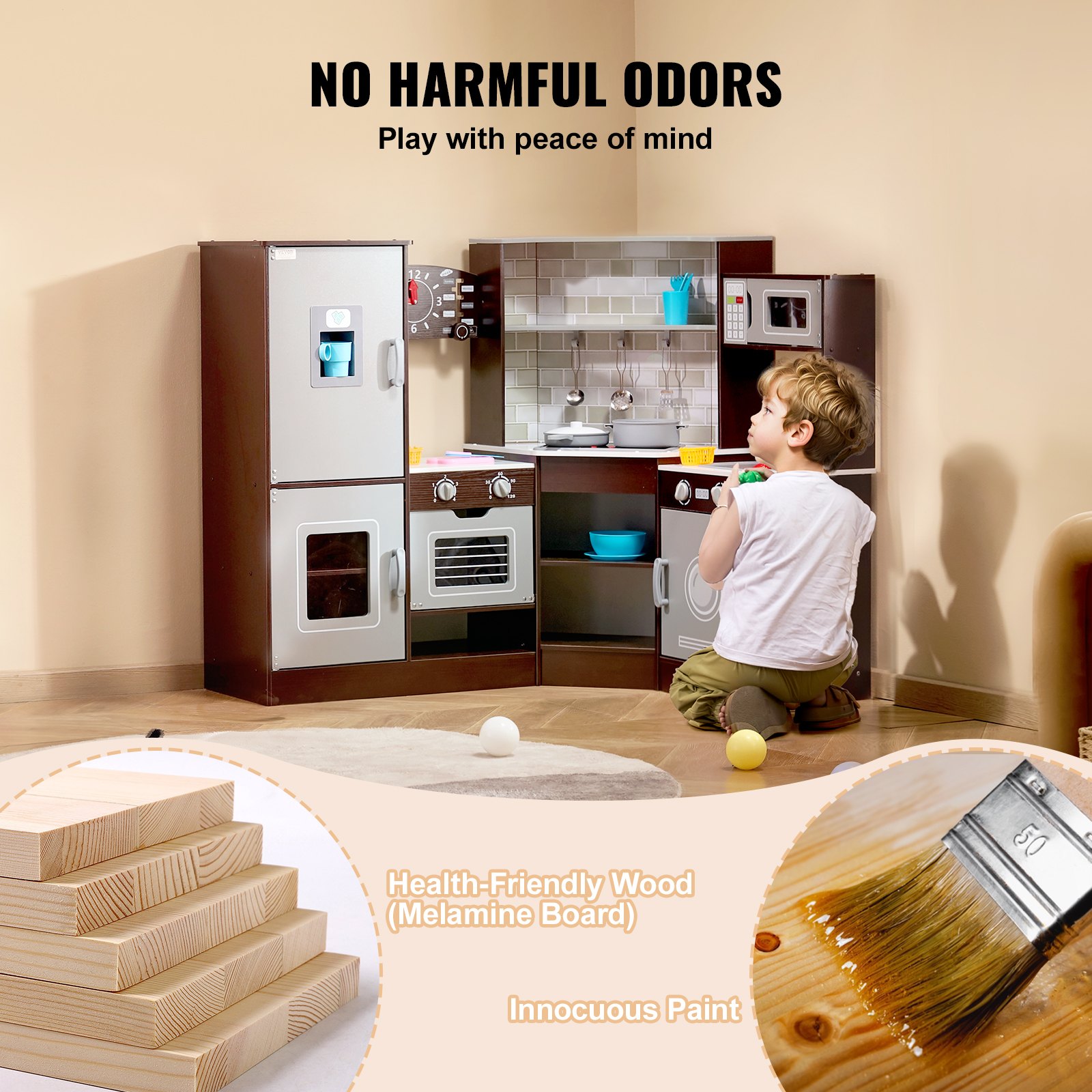 VEVOR Cocina de madera de esquina, juego de juguetes con luces y sonidos, cocina para niños pequeños con máquina de hielo, horno, fregadero, reloj, microondas, refrigerador y accesorios, para niños pequeños y preescolares, color marrón