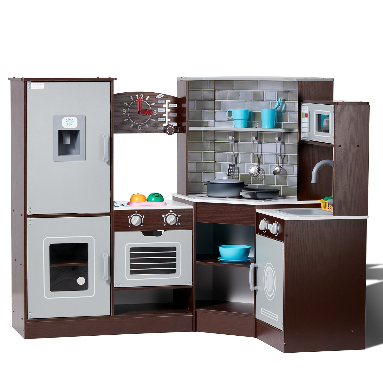 VEVOR Cocina de madera de esquina, juego de juguetes con luces y sonidos, cocina para niños pequeños con máquina de hielo, horno, fregadero, reloj, microondas, refrigerador y accesorios, para niños pequeños y preescolares, color marrón