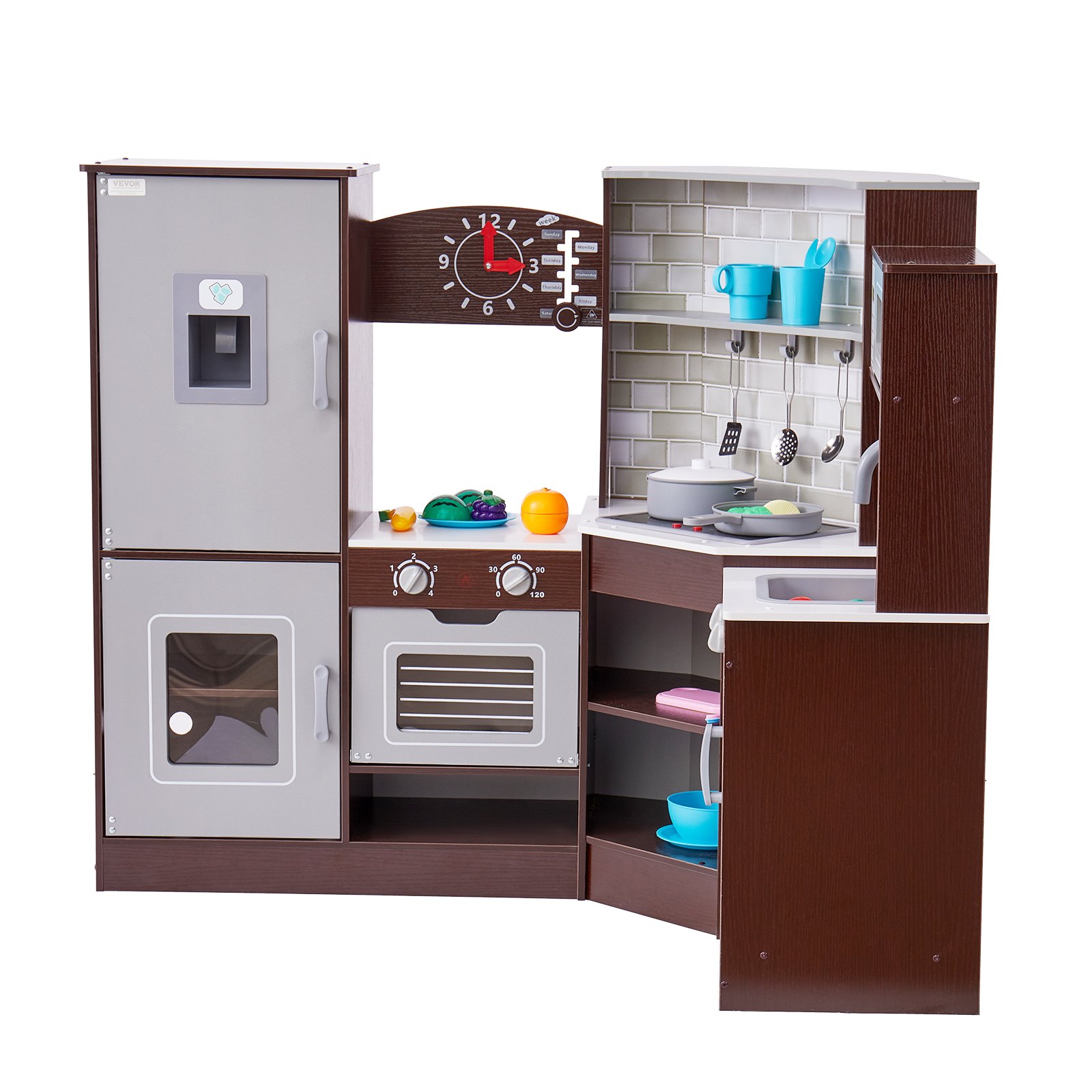 VEVOR Cocina de madera de esquina, juego de juguetes con luces y sonidos, cocina para niños pequeños con máquina de hielo, horno, fregadero, reloj, microondas, refrigerador y accesorios, para niños pequeños y preescolares, color marrón