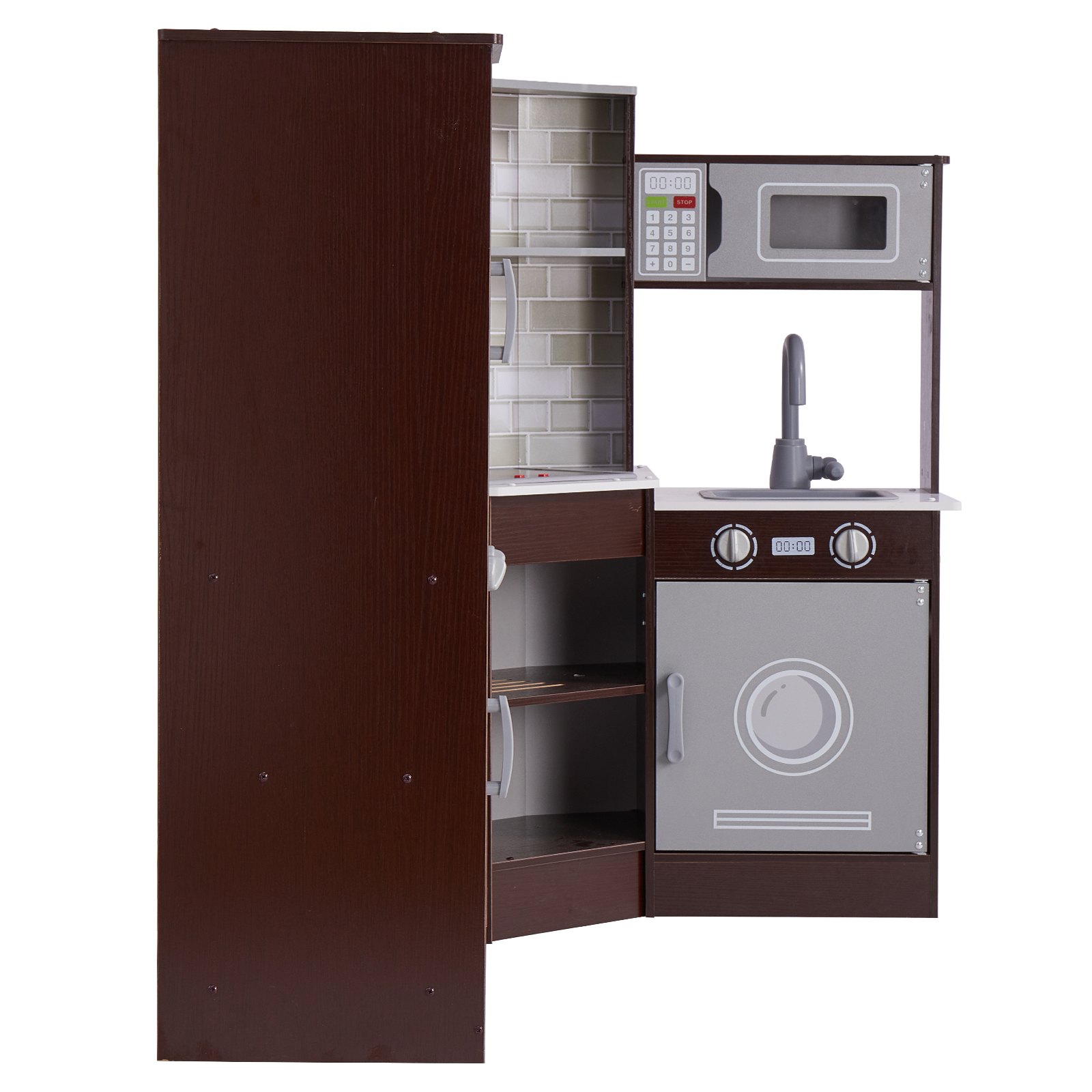 VEVOR Cocina de madera de esquina, juego de juguetes con luces y sonidos, cocina para niños pequeños con máquina de hielo, horno, fregadero, reloj, microondas, refrigerador y accesorios, para niños pequeños y preescolares, color marrón