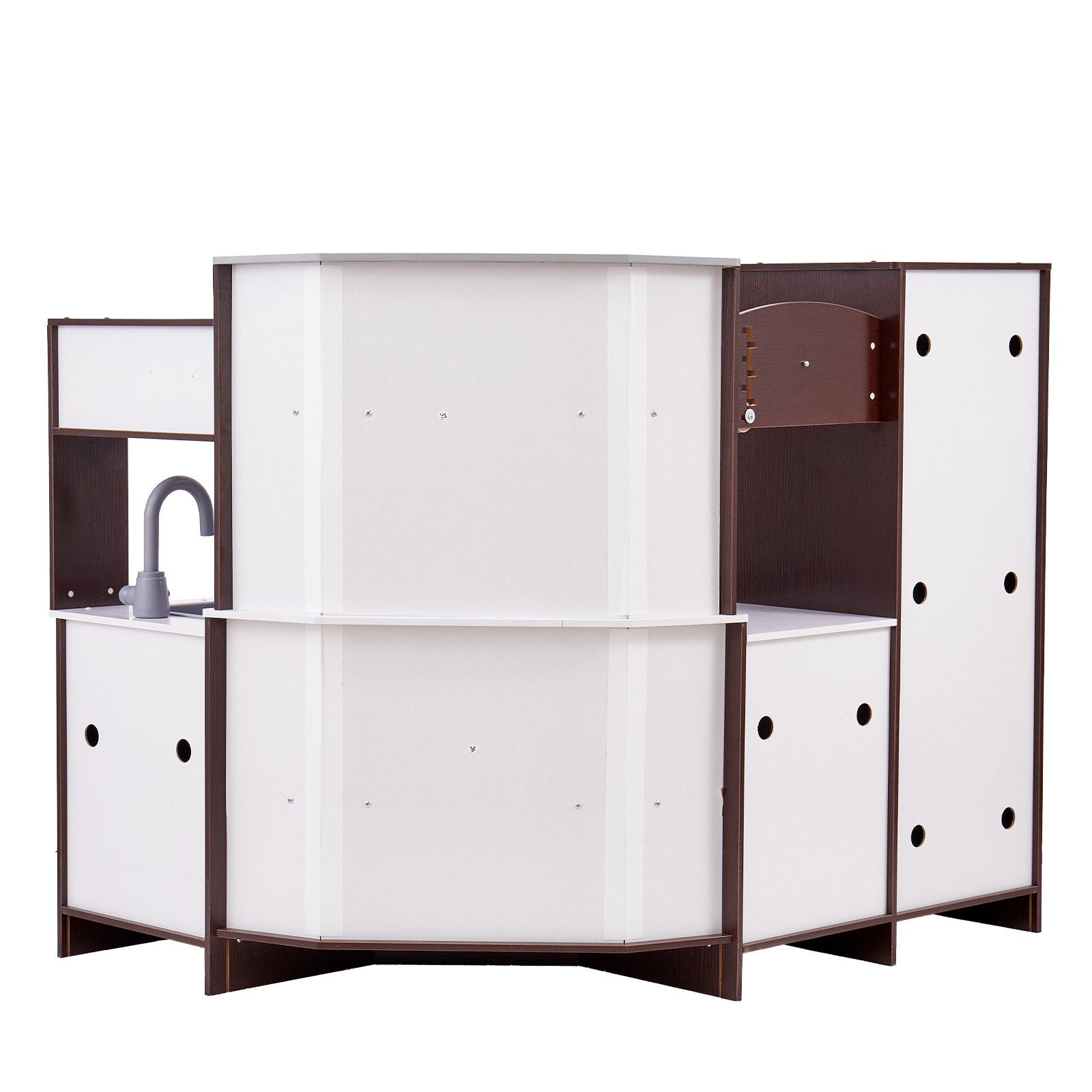 VEVOR Cocina de madera de esquina, juego de juguetes con luces y sonidos, cocina para niños pequeños con máquina de hielo, horno, fregadero, reloj, microondas, refrigerador y accesorios, para niños pequeños y preescolares, color marrón