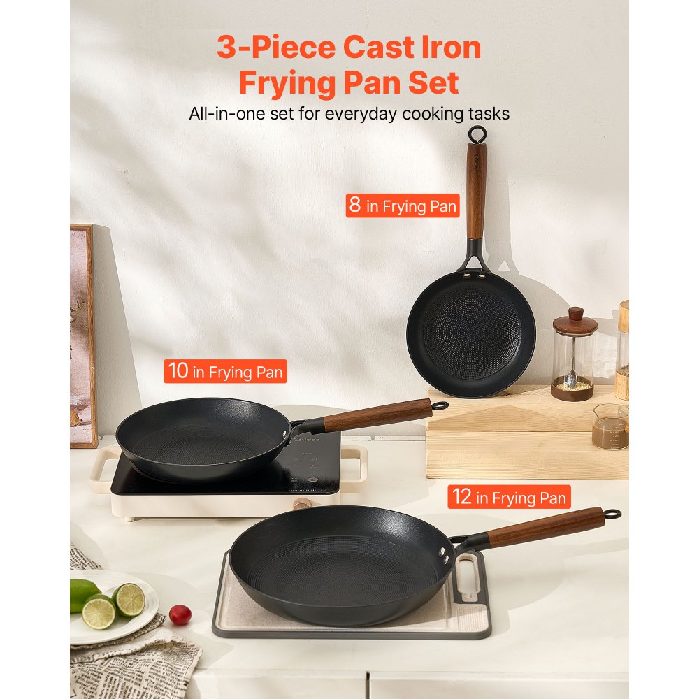 VEVOR Sartén de Hierro Fundido, Juego 3 uds 205, 265 y 310 mm, Antiadherente con Mango de Madera Desmontable, Precurada, para Cocina de Gas, Eléctrica e Inducción, a Cocineros Apasionados, Negro