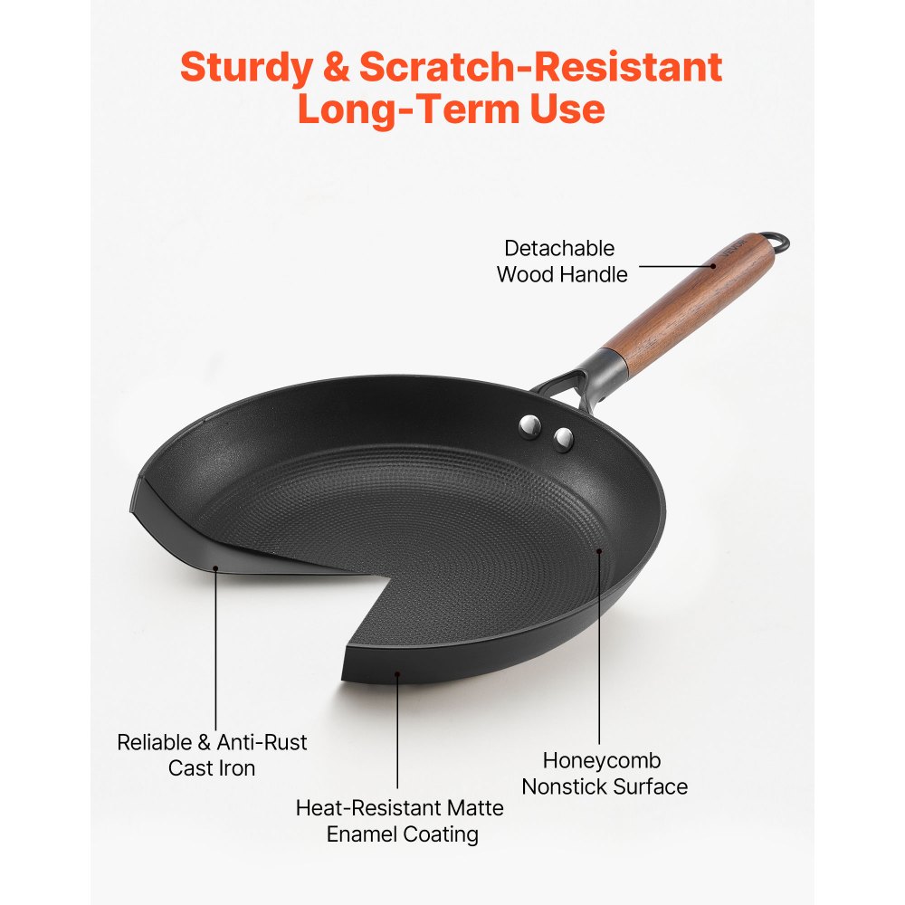 VEVOR Sartén de Hierro Fundido, Juego 3 uds 205, 265 y 310 mm, Antiadherente con Mango de Madera Desmontable, Precurada, para Cocina de Gas, Eléctrica e Inducción, a Cocineros Apasionados, Negro