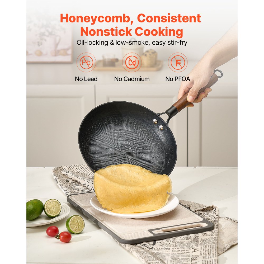 VEVOR Sartén de Hierro Fundido, Juego 3 uds 205, 265 y 310 mm, Antiadherente con Mango de Madera Desmontable, Precurada, para Cocina de Gas, Eléctrica e Inducción, a Cocineros Apasionados, Negro