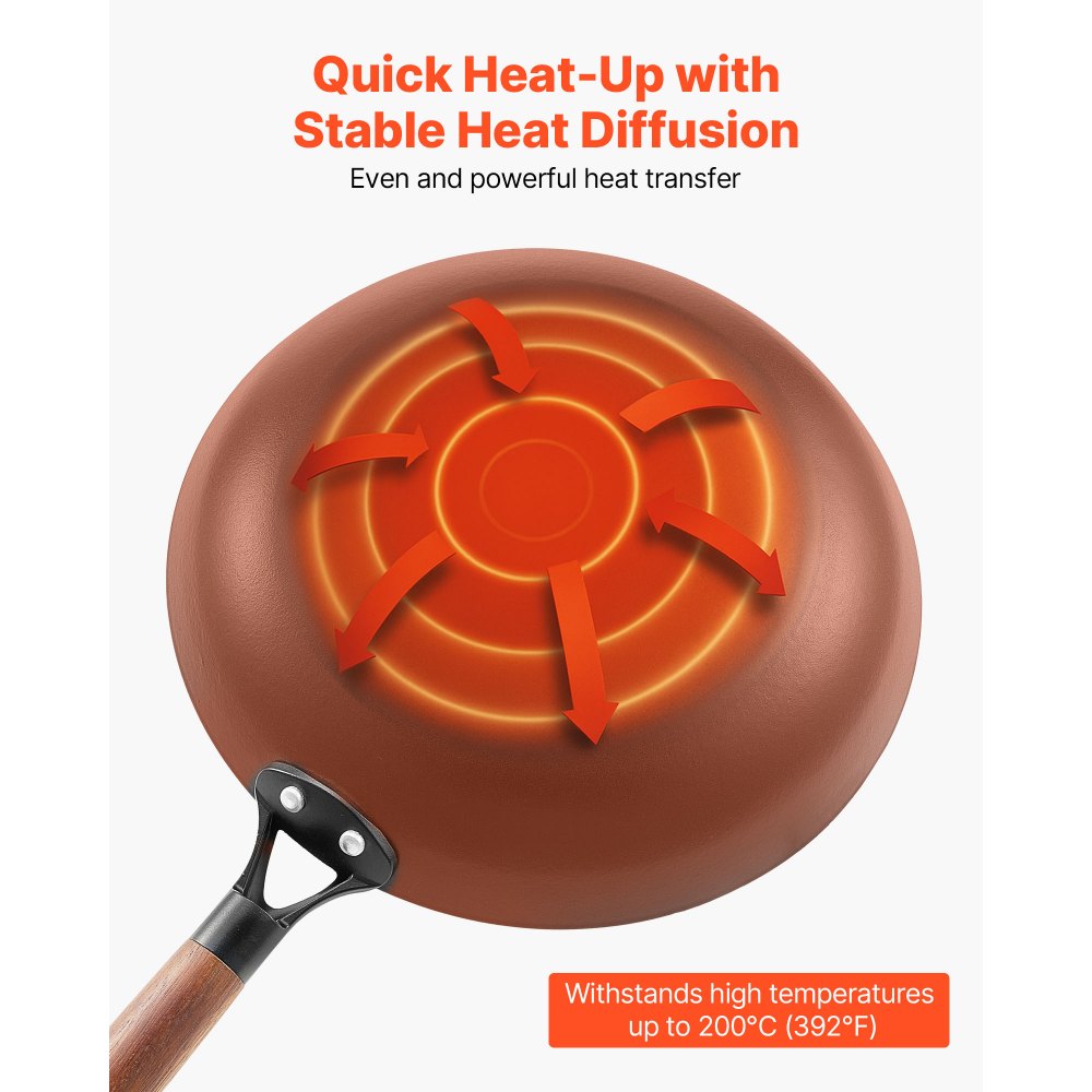 VEVOR Sartén de Hierro Fundido, Juego 3 uds 205, 265 y 310 mm, Antiadherente con Mango de Madera Desmontable, Precurada, para Cocina de Gas, Eléctrica e Inducción, a Cocineros Apasionados, Negro