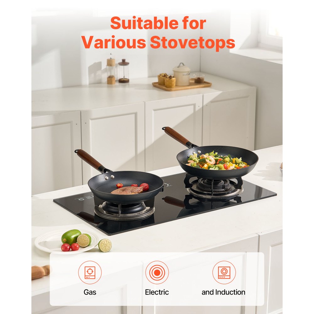 VEVOR Sartén de Hierro Fundido, Juego 3 uds 205, 265 y 310 mm, Antiadherente con Mango de Madera Desmontable, Precurada, para Cocina de Gas, Eléctrica e Inducción, a Cocineros Apasionados, Negro