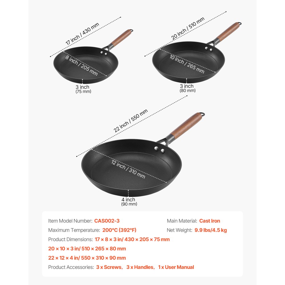 VEVOR Sartén de Hierro Fundido, Juego 3 uds 205, 265 y 310 mm, Antiadherente con Mango de Madera Desmontable, Precurada, para Cocina de Gas, Eléctrica e Inducción, a Cocineros Apasionados, Negro
