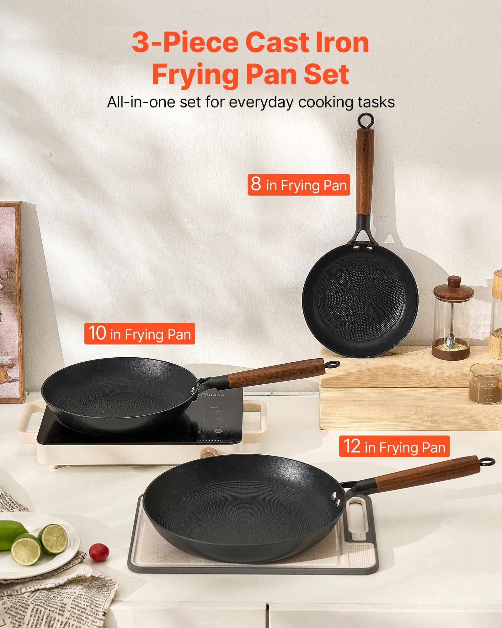 VEVOR Sartén de Hierro Fundido, Juego 3 uds 205, 265 y 310 mm, Antiadherente con Mango de Madera Desmontable, Precurada, para Cocina de Gas, Eléctrica e Inducción, a Cocineros Apasionados, Negro