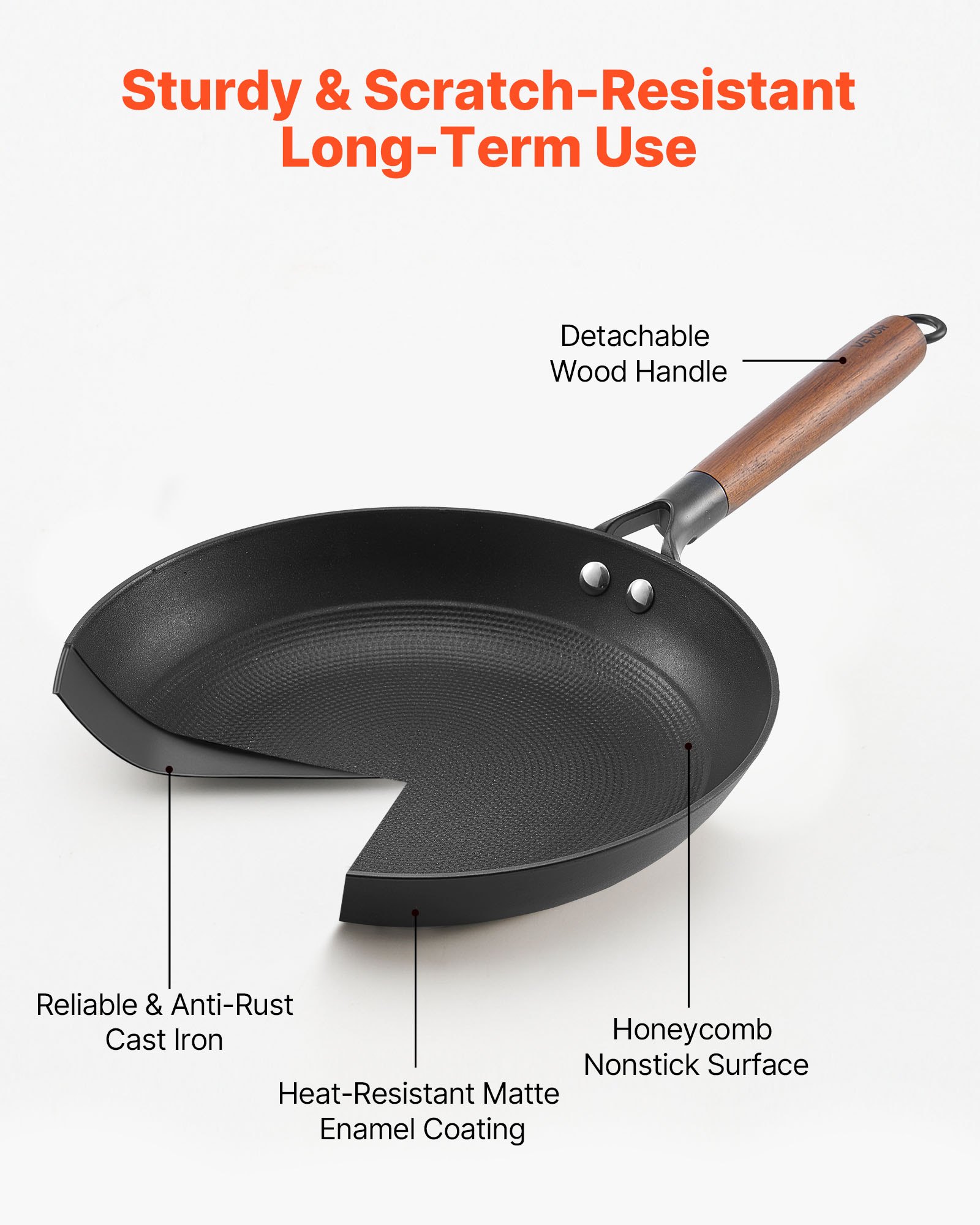 VEVOR Sartén de Hierro Fundido, Juego 3 uds 205, 265 y 310 mm, Antiadherente con Mango de Madera Desmontable, Precurada, para Cocina de Gas, Eléctrica e Inducción, a Cocineros Apasionados, Negro