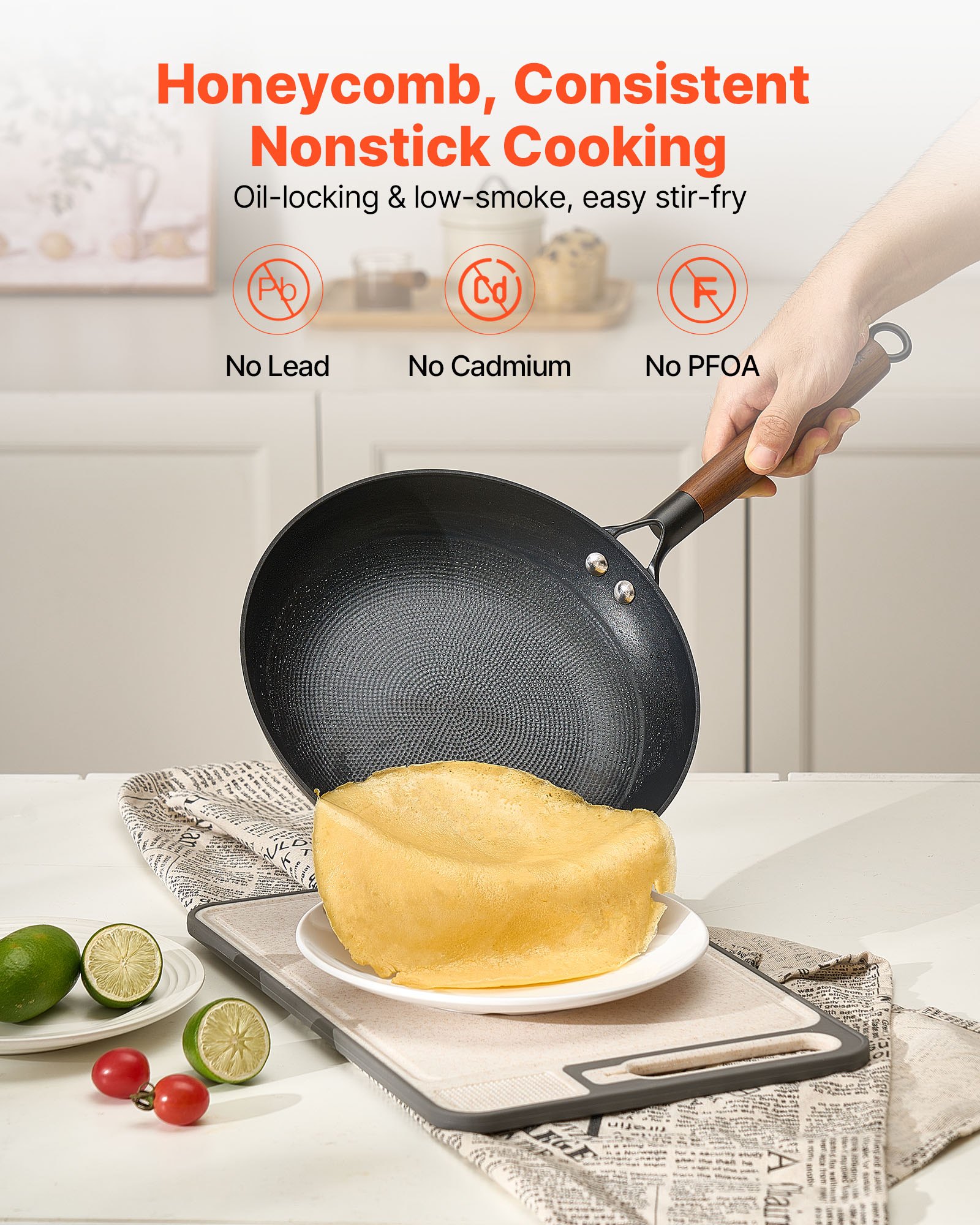 VEVOR Sartén de Hierro Fundido, Juego 3 uds 205, 265 y 310 mm, Antiadherente con Mango de Madera Desmontable, Precurada, para Cocina de Gas, Eléctrica e Inducción, a Cocineros Apasionados, Negro