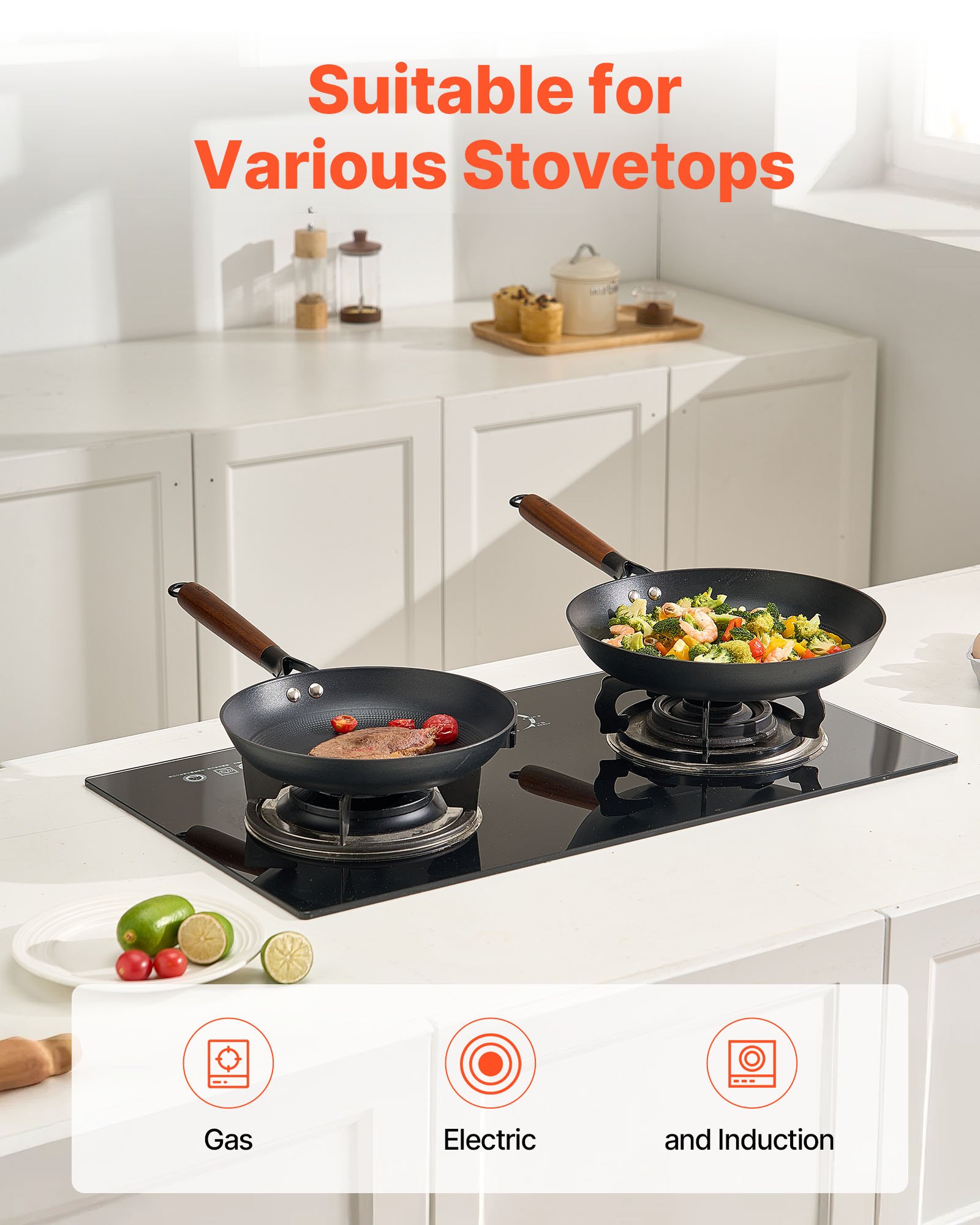 VEVOR Sartén de Hierro Fundido, Juego 3 uds 205, 265 y 310 mm, Antiadherente con Mango de Madera Desmontable, Precurada, para Cocina de Gas, Eléctrica e Inducción, a Cocineros Apasionados, Negro