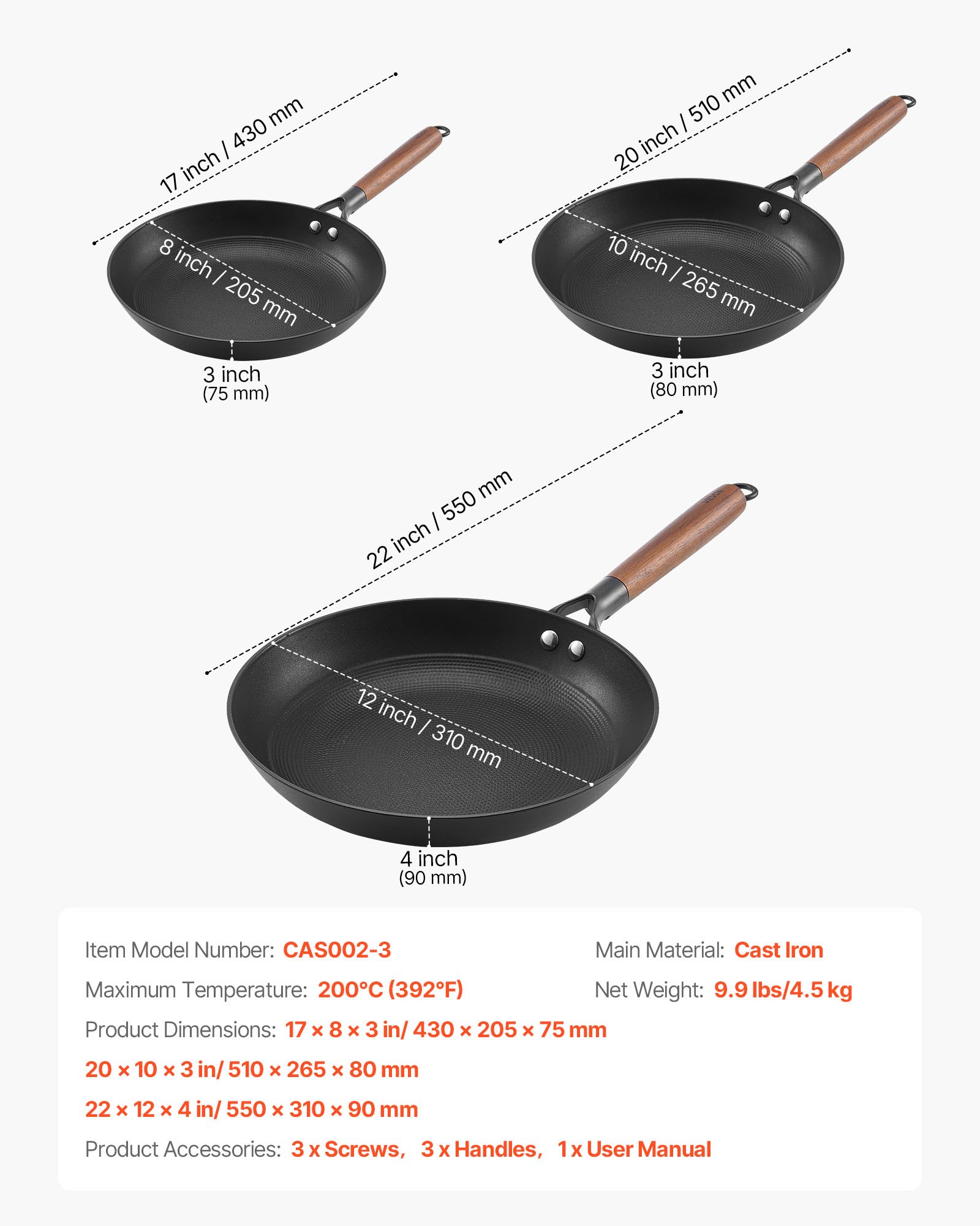VEVOR Sartén de Hierro Fundido, Juego 3 uds 205, 265 y 310 mm, Antiadherente con Mango de Madera Desmontable, Precurada, para Cocina de Gas, Eléctrica e Inducción, a Cocineros Apasionados, Negro