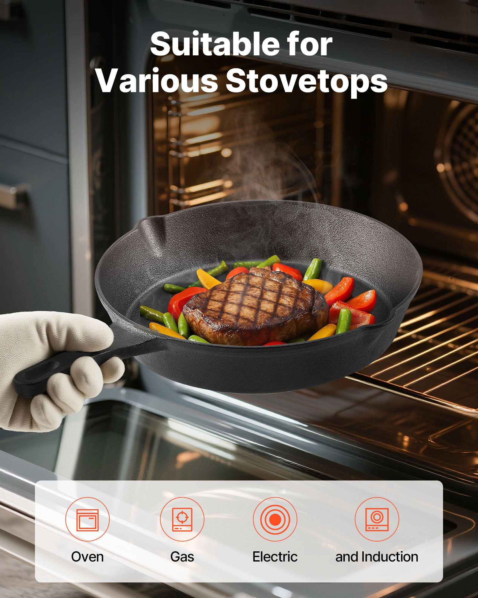 VEVOR Sartén de Hierro Fundido, Juego de 3 Piezas 160, 220 y 265 mm, Resistente, con Mango Resistente al Calor, Precurada, para Estufas de Gas, Placas Eléctricas y Quemadores de Inducción, Negro