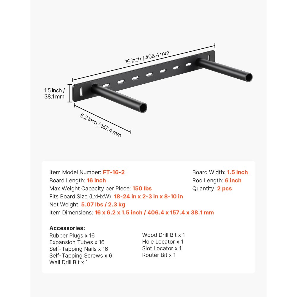 VEVOR Soportes Flotantes para Estantes de Alta Resistencia, Paquete de 2, Soporte Oculto Resistente, Capacidad de Peso de 68 kg para Montaje en Pared, Instalación Fácil, 406,4 x 157,4 x 38,1 mm