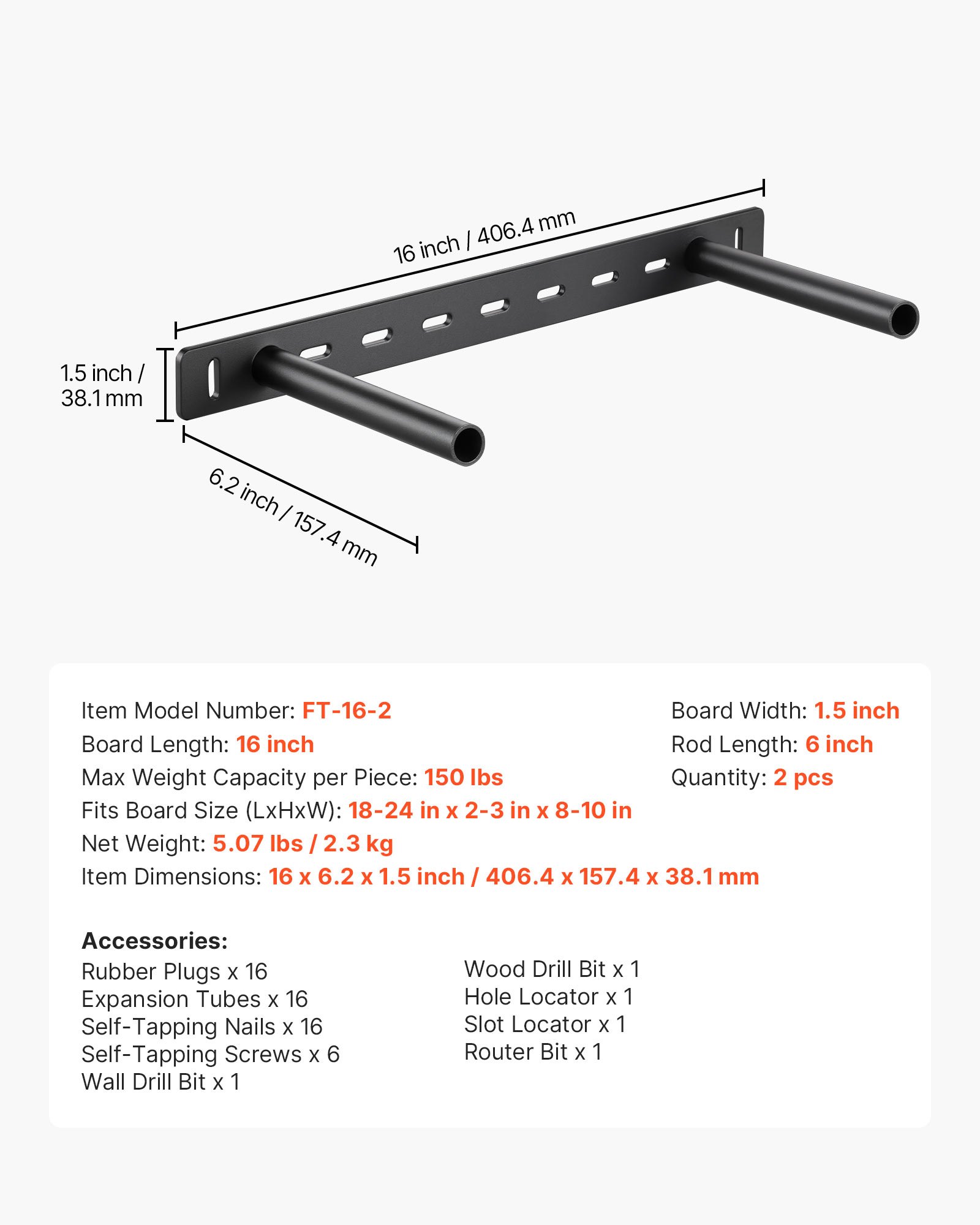 VEVOR Soportes Flotantes para Estantes de Alta Resistencia, Paquete de 2, Soporte Oculto Resistente, Capacidad de Peso de 68 kg para Montaje en Pared, Instalación Fácil, 406,4 x 157,4 x 38,1 mm