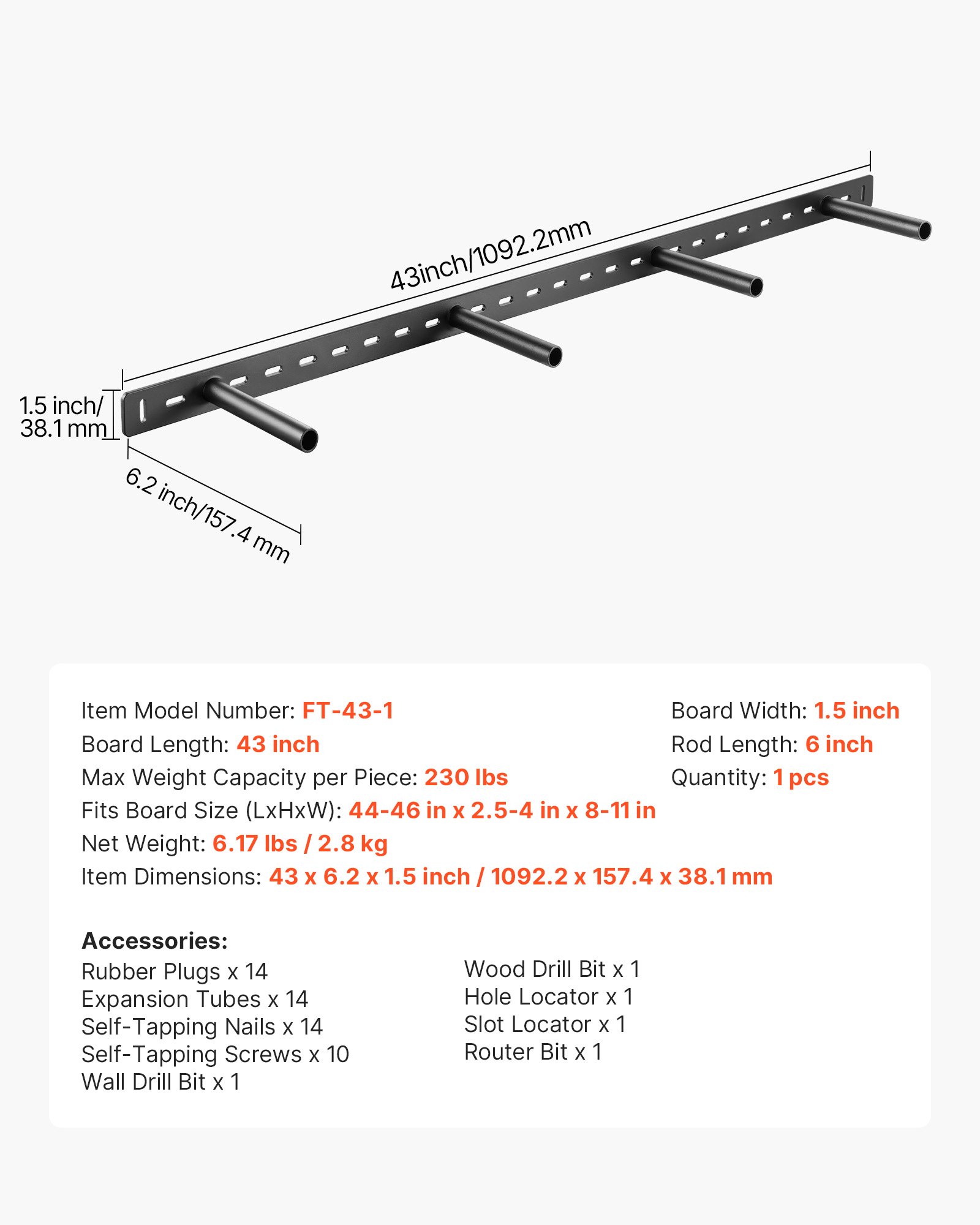 VEVOR shelf bracket, 1 pc., load capacity 104 kg, heavy-duty shelf bracket 1092.2x157.4x38.1 mm, shelf support for hidden shelves, invisible bracket for floating shelves for wall mounting