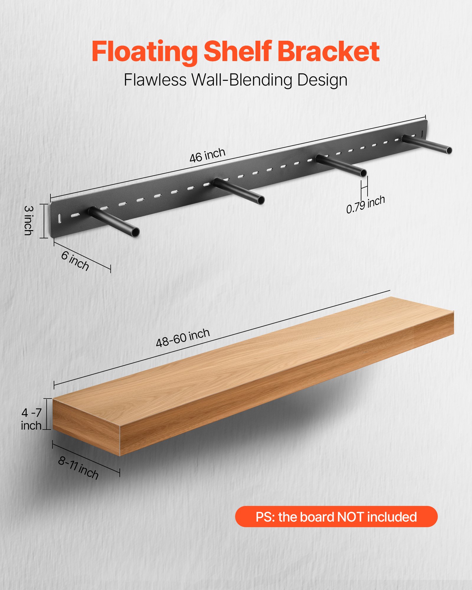 VEVOR Soportes Flotantes Duraderos para Estantes de Alta Resistencia, 1 Pieza, 1168,4 x 157,4 x 76,2 mm, Soporte Oculto, Capacidad de Peso 104 kg para Montaje en Pared, Amplia Aplicación, Negro