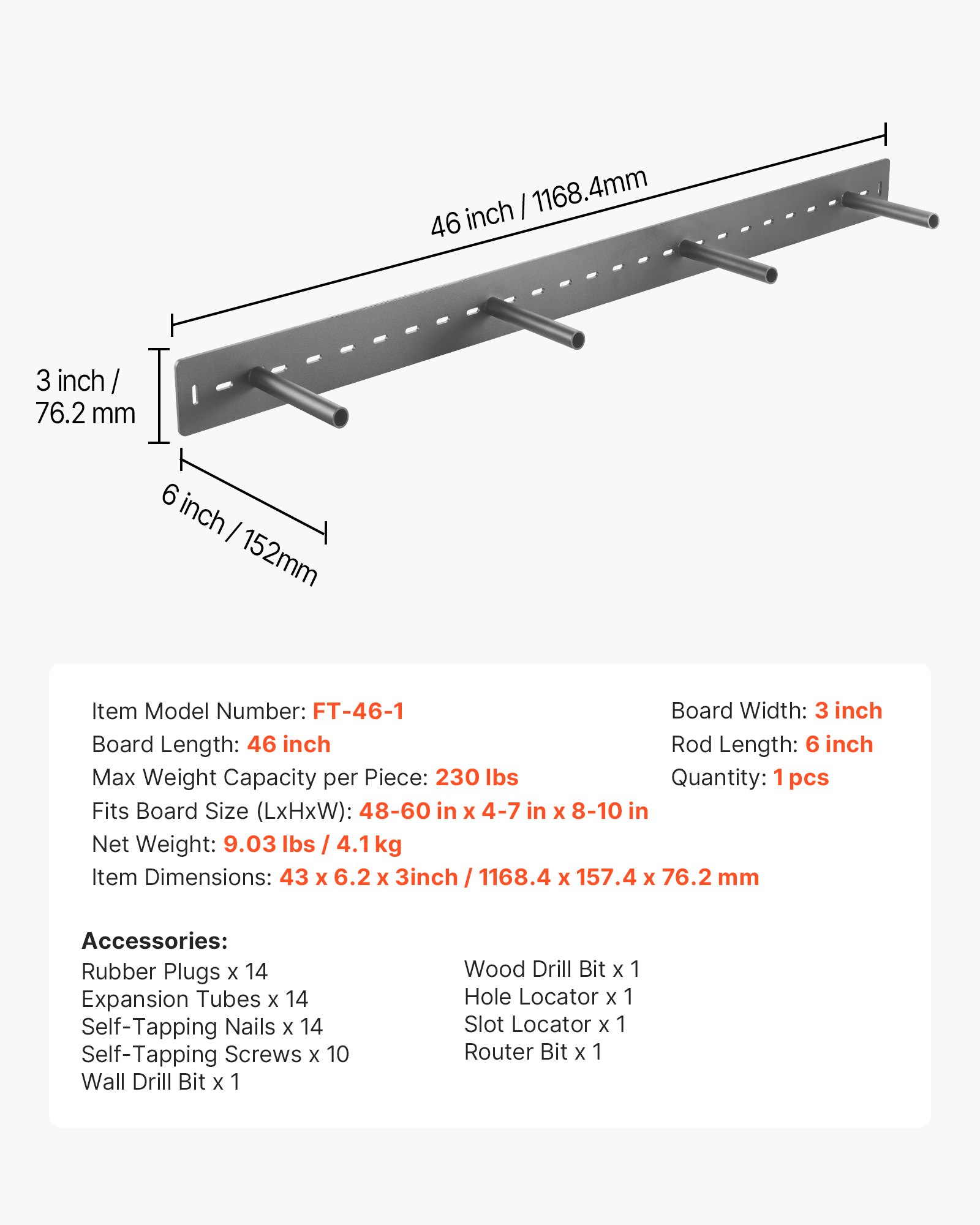 VEVOR Soportes Flotantes Duraderos para Estantes de Alta Resistencia, 1 Pieza, 1168,4 x 157,4 x 76,2 mm, Soporte Oculto, Capacidad de Peso 104 kg para Montaje en Pared, Amplia Aplicación, Negro