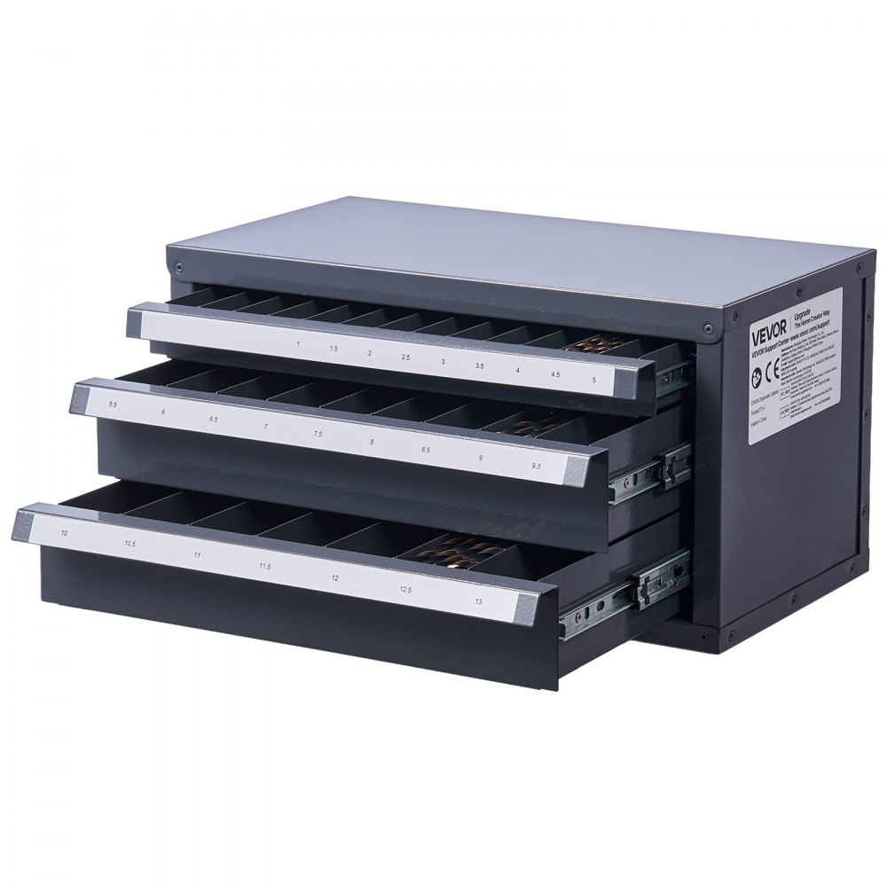 VEVOR Dispensador de Brocas 29 Compartimentos Etiquetados Caja de Almacenamiento de Brocas 1-13 mm con 3 Cajones Estuche de Taladro Vacío 37,5x20x20 cm Apilable Fácil Identificación para Taller Brocas