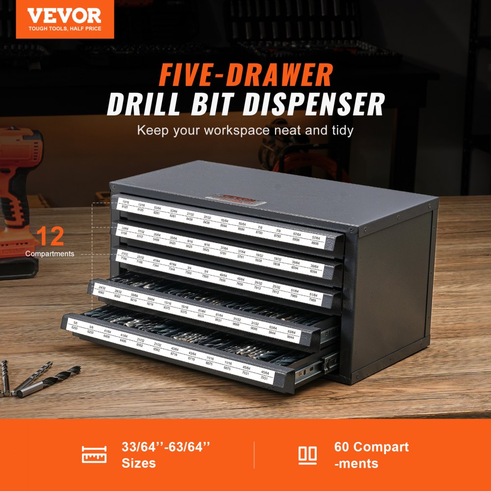 VEVOR Dispensador de Brocas 60 Compartimentos Etiquetados Caja de Almacenamiento de Brocas de 13-25 mm Caja Vacía de 5 Cajones 37,5x20x20 cm Apilable Fácil Identificación para Taller Brocas