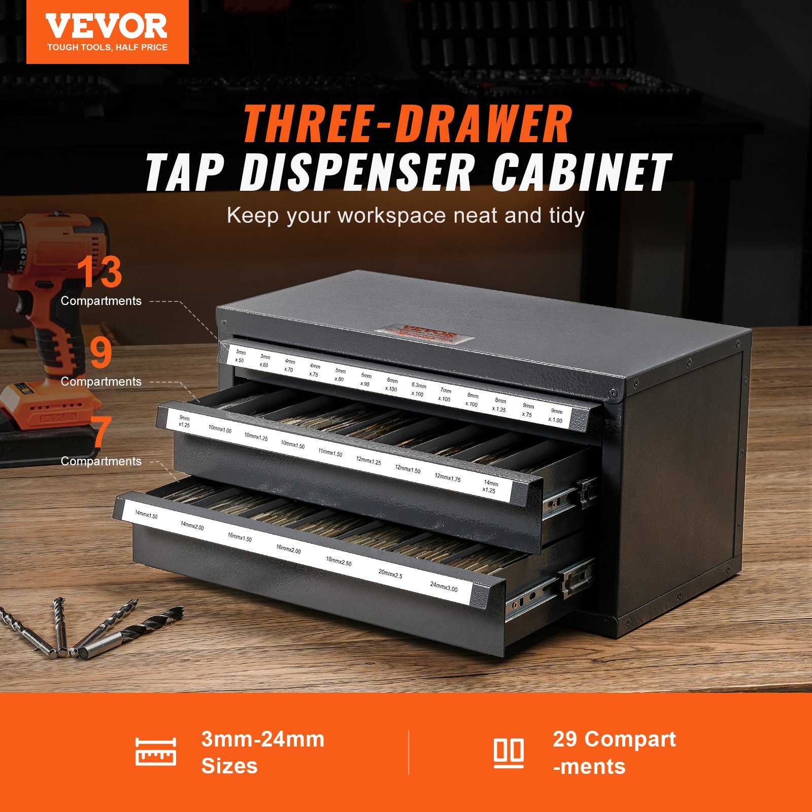 VEVOR Caja de Almacenamiento para Grifos de 3-24 mm Estuche Vacío para Grifos con 3 Cajones 29 Compartimentos Etiquetados Dispensador de Grifo 37,5x20x20 cm Apilable Fácil Identificación para Taller