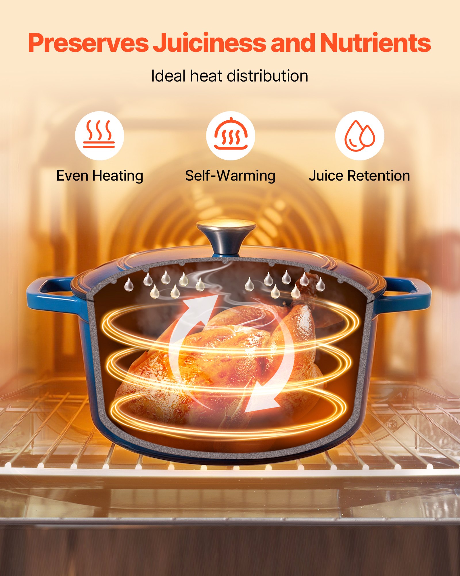 VEVOR Horno Holandés de Hierro Fundido Esmaltado, 5,68 L, para Hornear Pan de Masa Madre, Olla Robusta con Tapa y 2 Asas, Apto hasta 260 °C, Ideal para Cocinar y Freír, 350 x 270 x 190 mm, Azul
